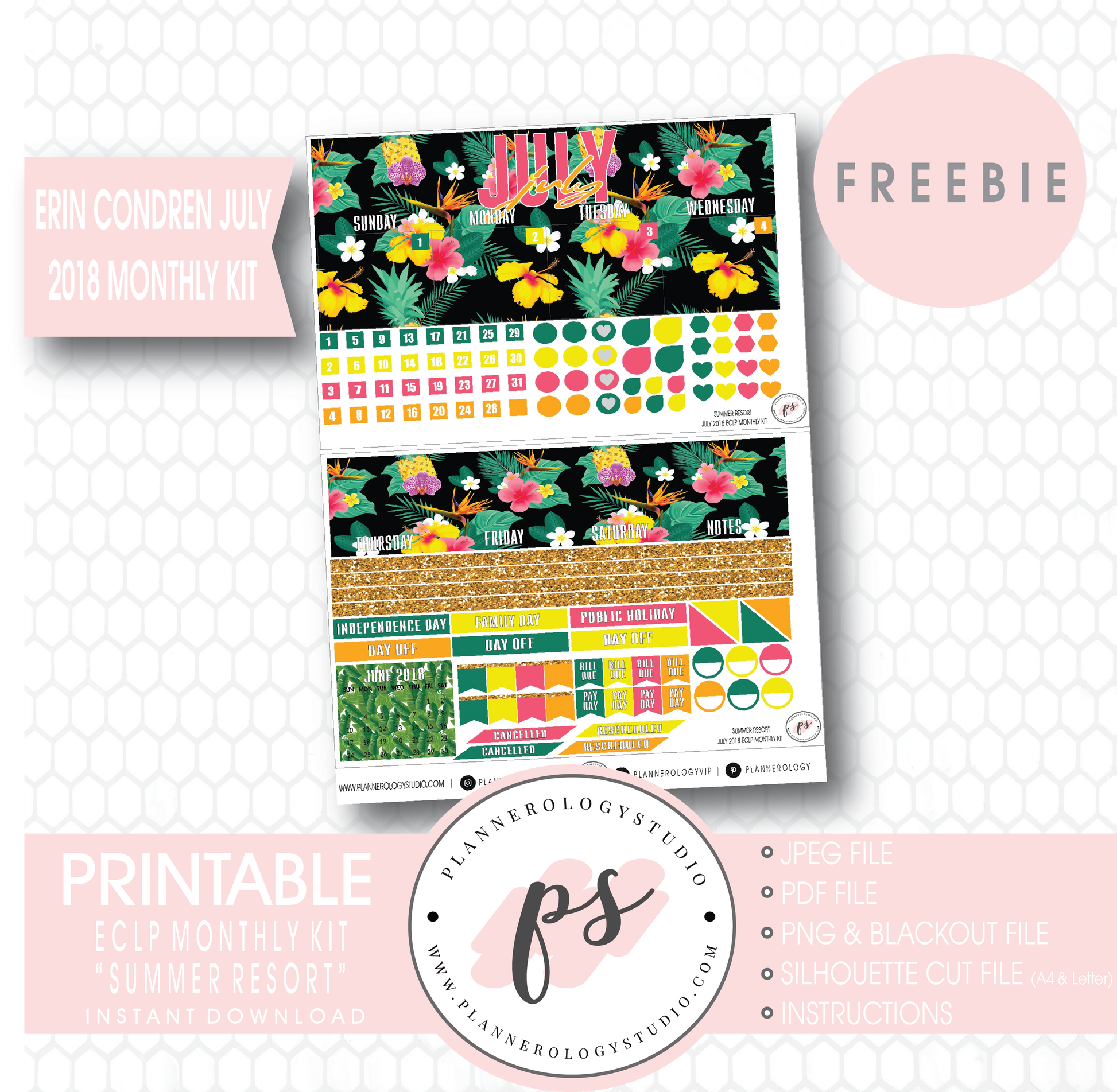Summer Resort ECLP Erin Condren July 2018 Monthly Kit Digital Printable Planner Stickers (PDF/JPG/PNG/Silhouette Cut File Freebie) - Plannerologystudio