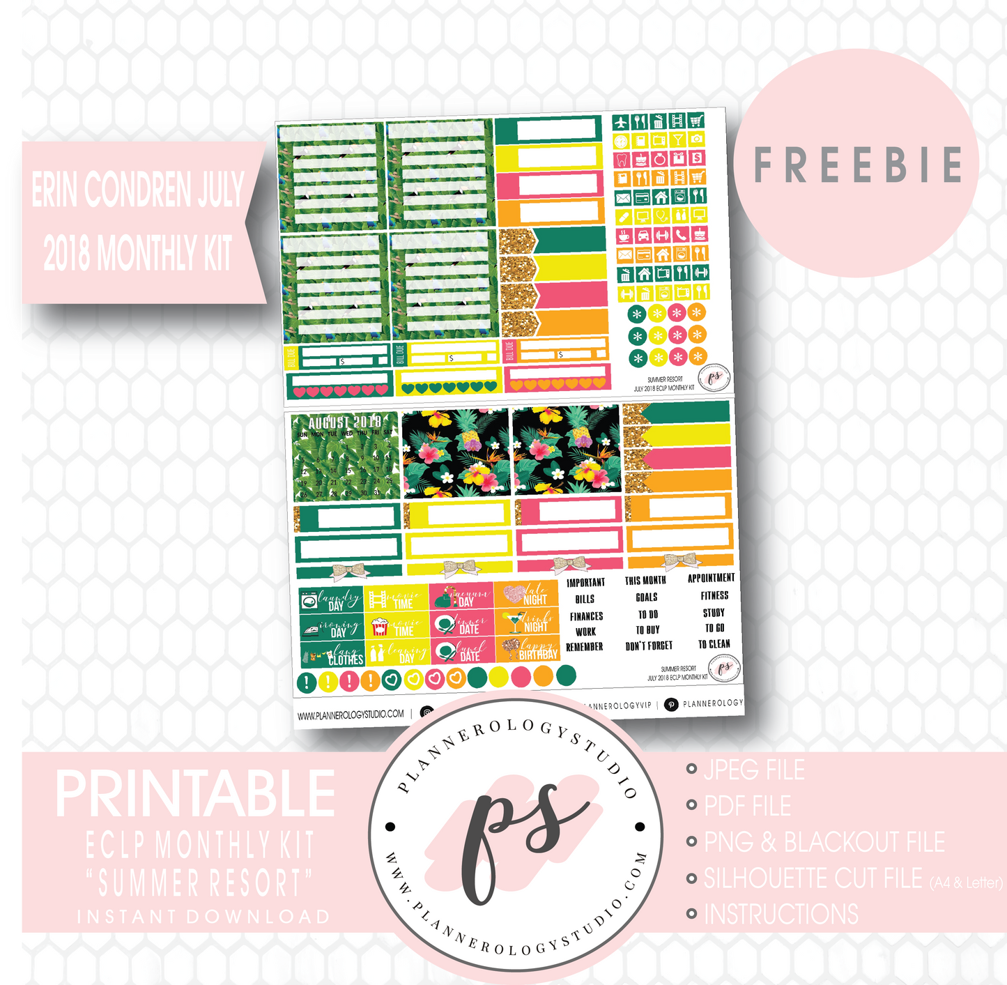 Summer Resort ECLP Erin Condren July 2018 Monthly Kit Digital Printable Planner Stickers (PDF/JPG/PNG/Silhouette Cut File Freebie) - Plannerologystudio