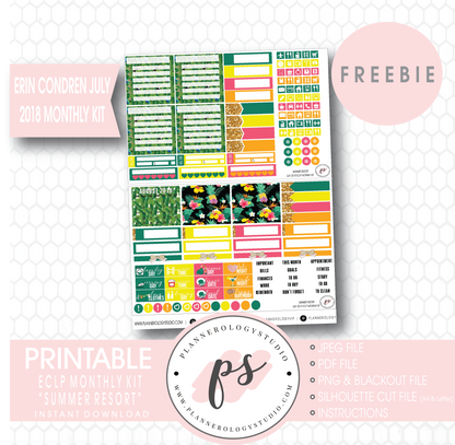 Summer Resort ECLP Erin Condren July 2018 Monthly Kit Digital Printable Planner Stickers (PDF/JPG/PNG/Silhouette Cut File Freebie) - Plannerologystudio