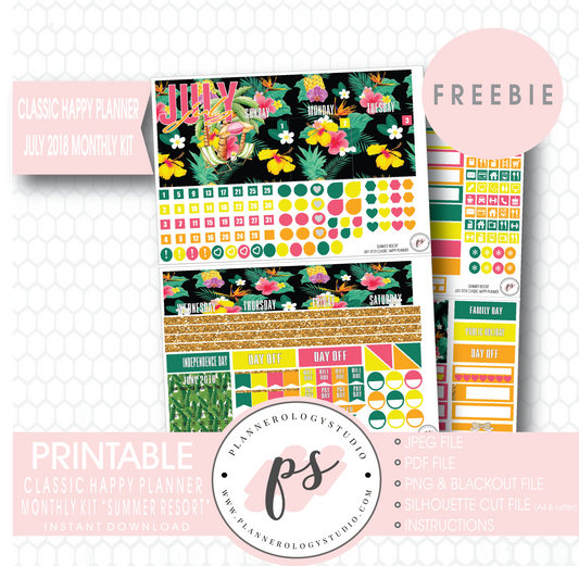 Summer Resort Classic Happy Planner July 2018 Monthly Kit Digital Printable Planner Stickers (PDF/JPG/PNG/Silhouette Cut File Freebie) - Plannerologystudio