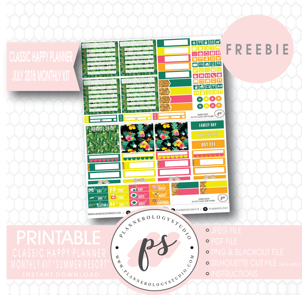 Summer Resort Classic Happy Planner July 2018 Monthly Kit Digital Printable Planner Stickers (PDF/JPG/PNG/Silhouette Cut File Freebie) - Plannerologystudio