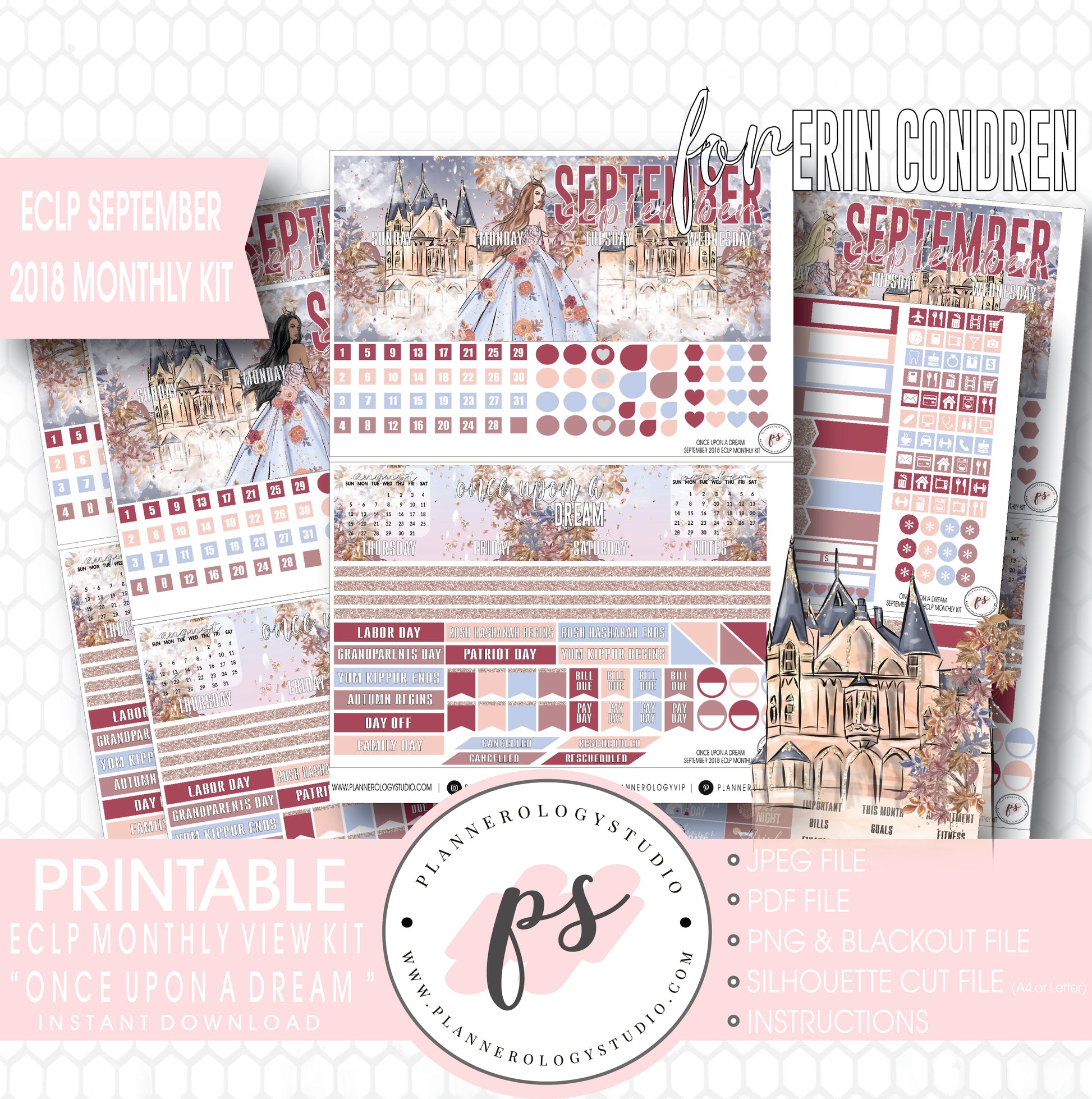 Once Upon a Dream September 2018 Monthly View Kit Digital Printable Planner Stickers (for use with Erin Condren) - Plannerologystudio