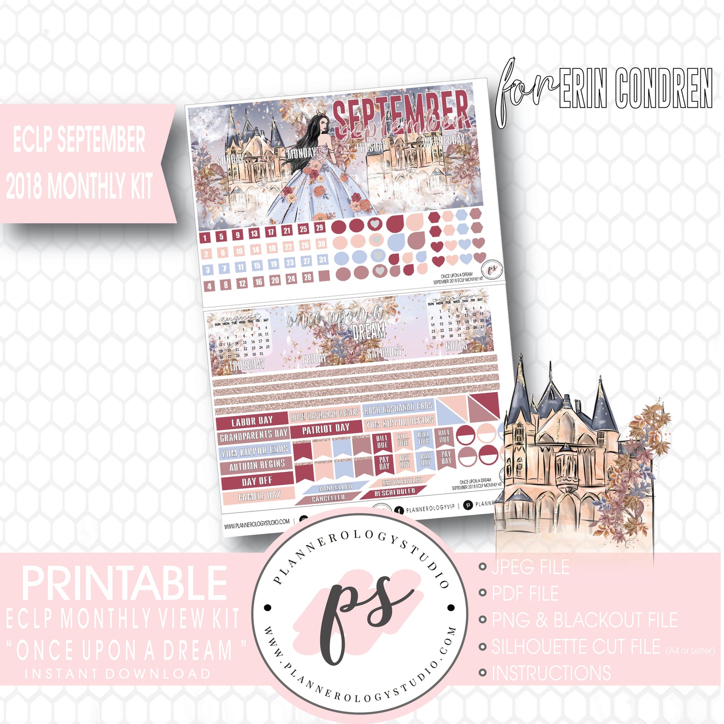 Once Upon a Dream September 2018 Monthly View Kit Digital Printable Planner Stickers (for use with Erin Condren) - Plannerologystudio