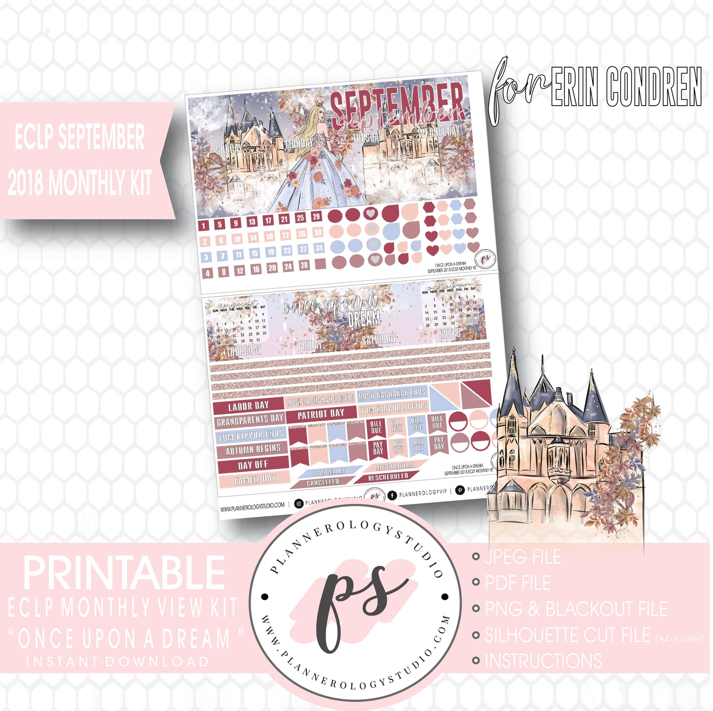 Once Upon a Dream September 2018 Monthly View Kit Digital Printable Planner Stickers (for use with Erin Condren) - Plannerologystudio