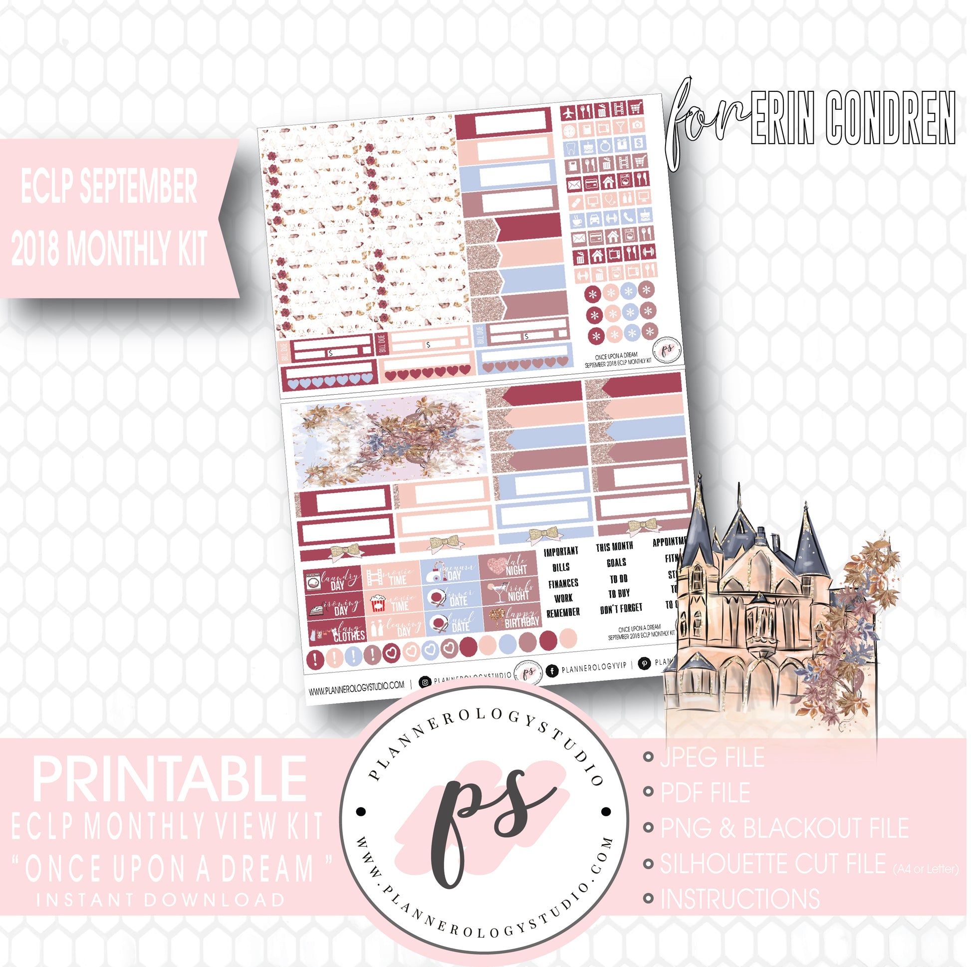 Once Upon a Dream September 2018 Monthly View Kit Digital Printable Planner Stickers (for use with Erin Condren) - Plannerologystudio
