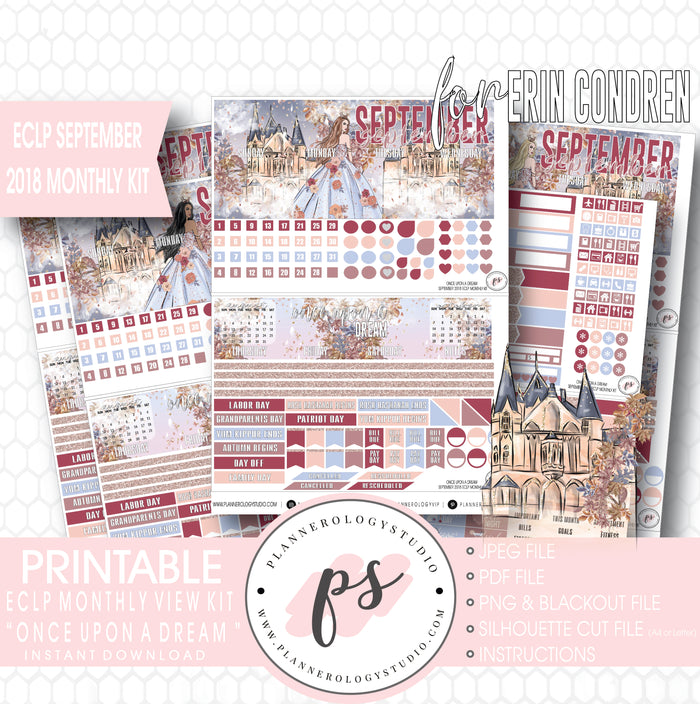 Once Upon a Dream September 2018 Monthly View Kit Digital Printable Planner Stickers (for use with Erin Condren) - Plannerologystudio