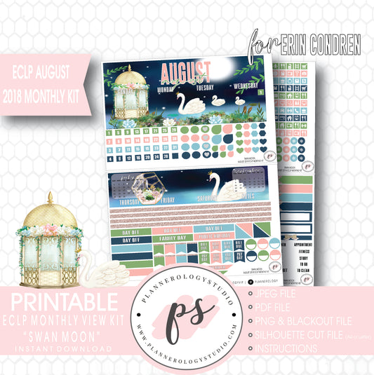 Swan Moon August 2018 Monthly View Kit Digital Printable Planner Stickers (for use with Erin Condren) - Plannerologystudio