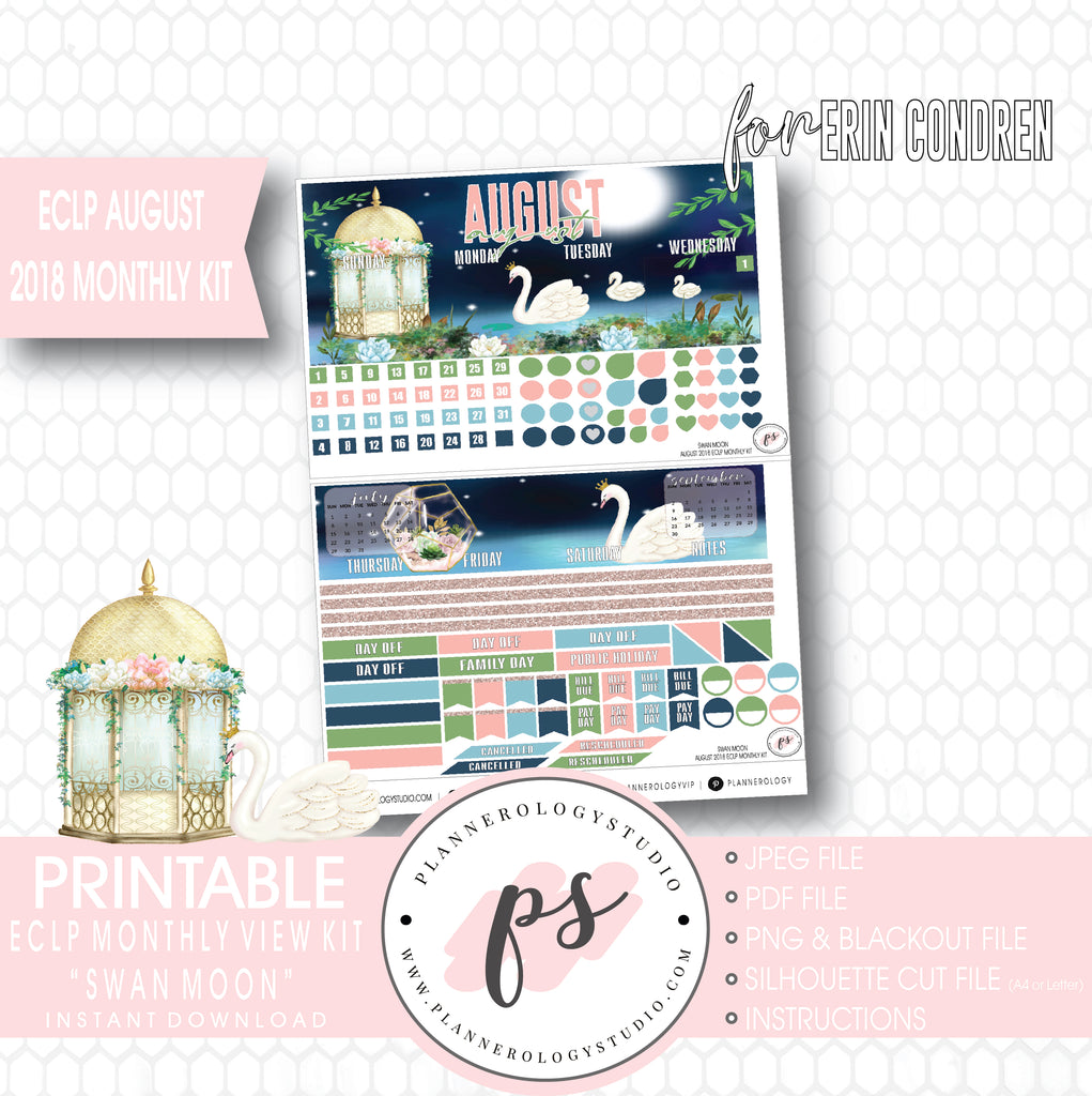 Swan Moon August 2018 Monthly View Kit Digital Printable Planner Stickers (for use with Erin Condren) - Plannerologystudio