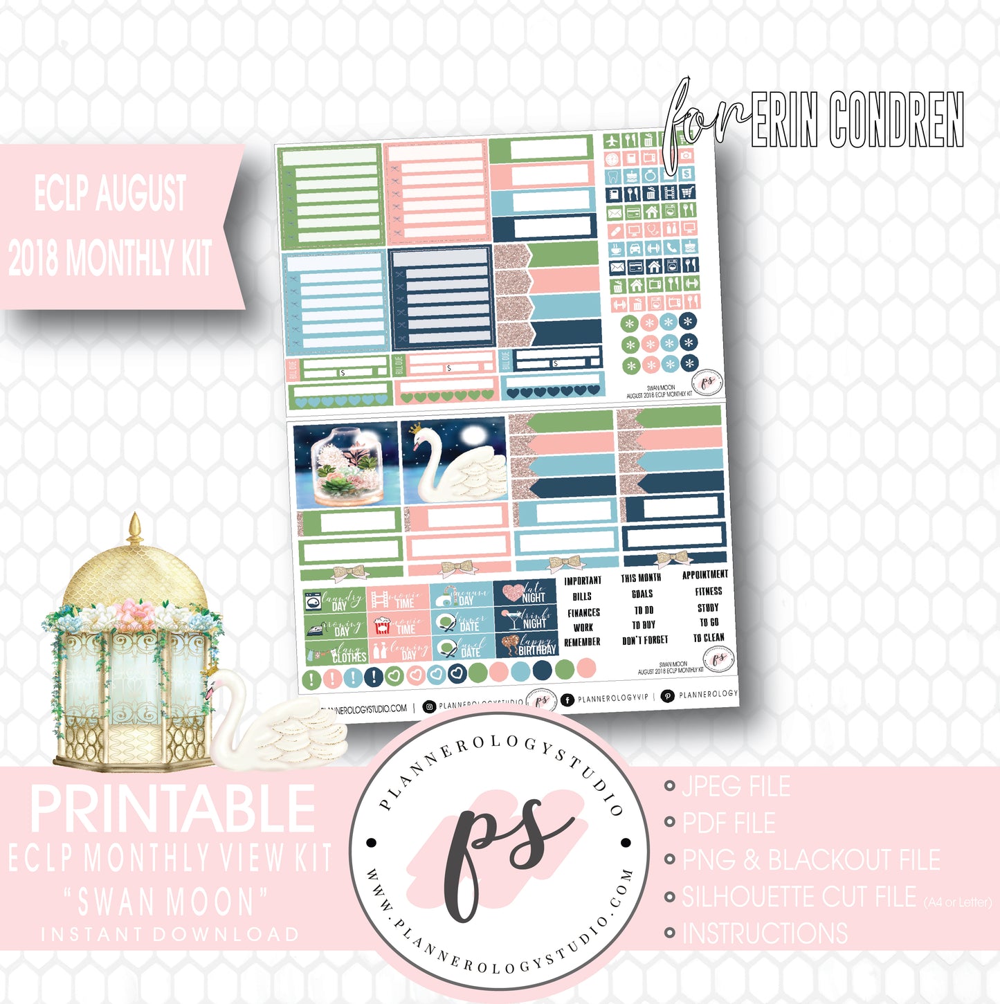 Swan Moon August 2018 Monthly View Kit Digital Printable Planner Stickers (for use with Erin Condren) - Plannerologystudio