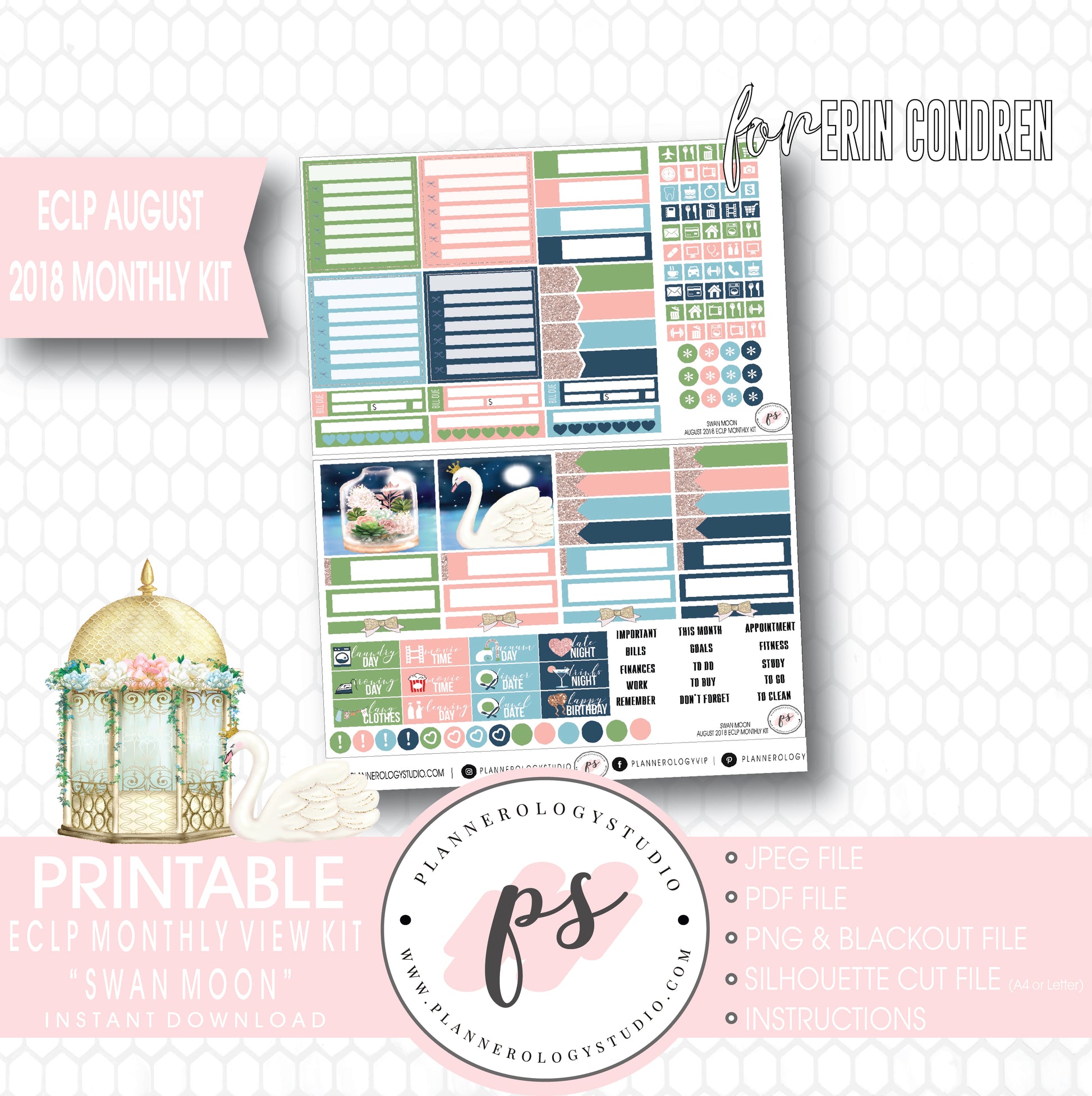 Swan Moon August 2018 Monthly View Kit Digital Printable Planner Stickers (for use with Erin Condren) - Plannerologystudio
