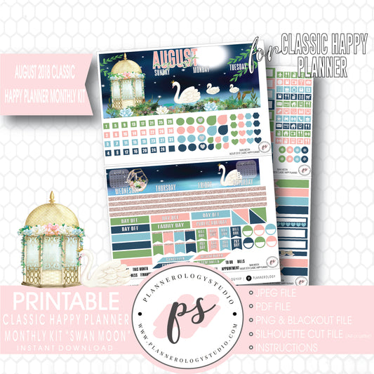 Swan Moon August 2018 Monthly View Kit Digital Printable Planner Stickers (for use with Classic Happy Planner) - Plannerologystudio