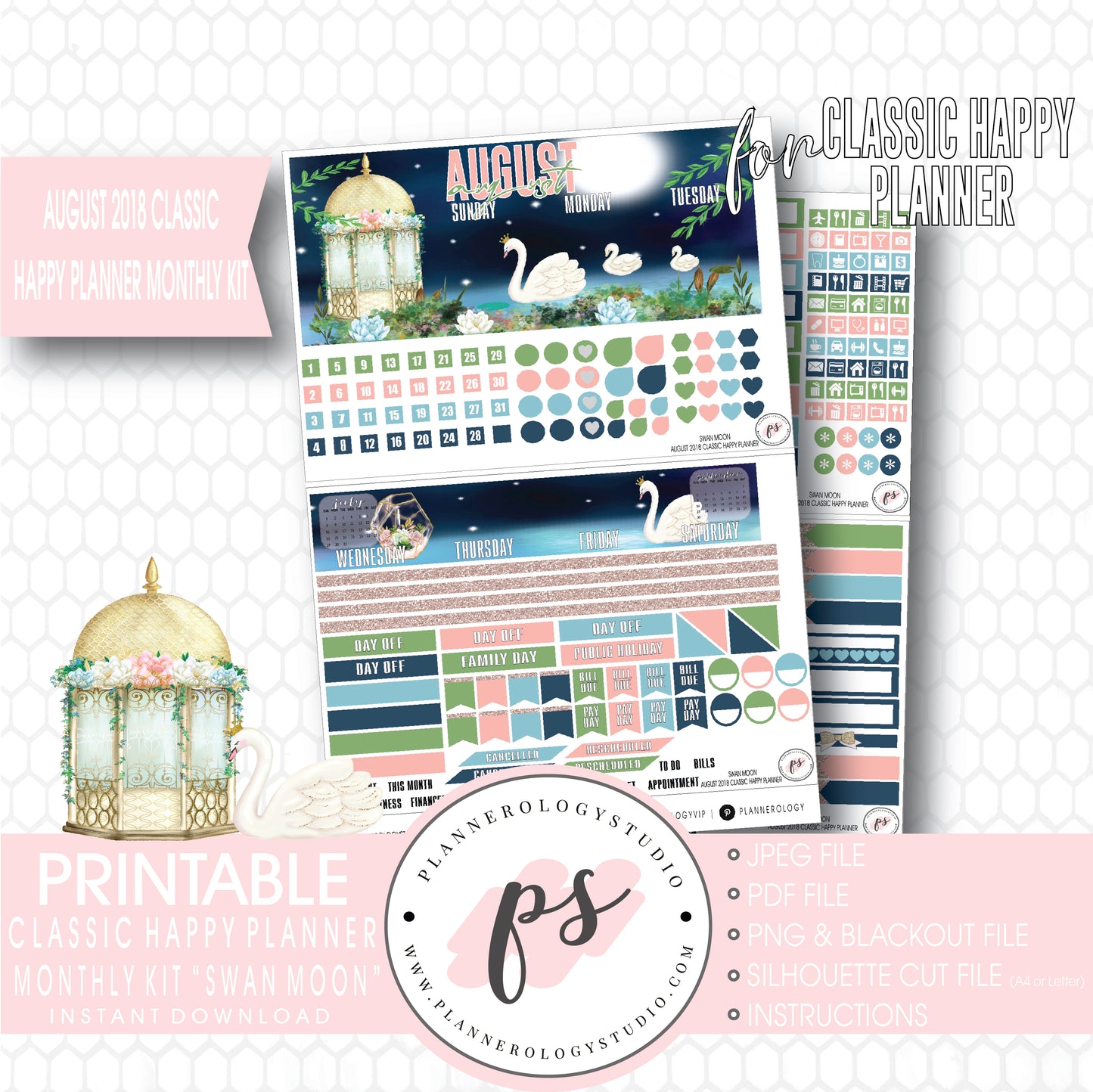 Swan Moon August 2018 Monthly View Kit Digital Printable Planner Stickers (for use with Classic Happy Planner) - Plannerologystudio