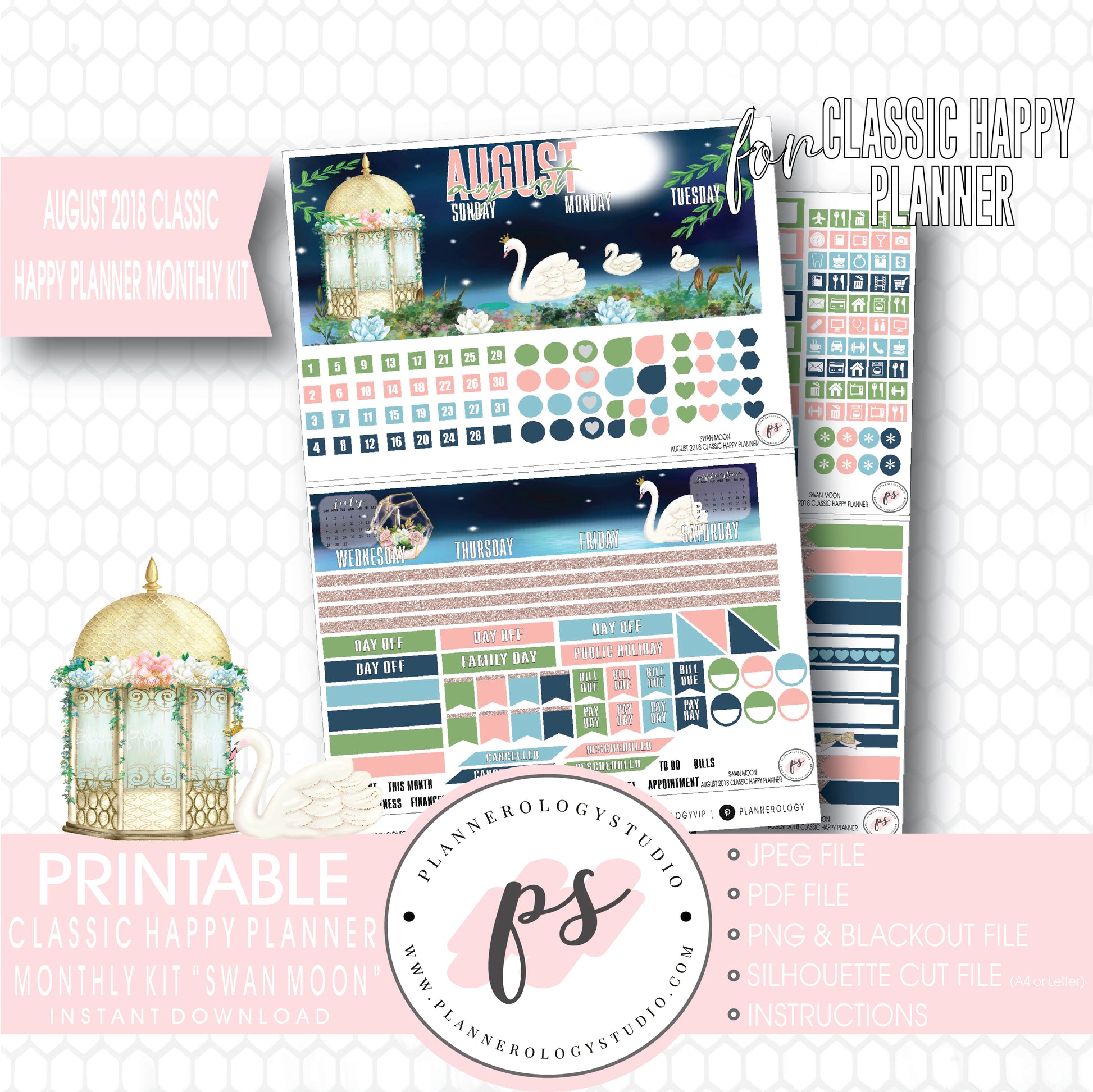 Swan Moon August 2018 Monthly View Kit Digital Printable Planner Stickers (for use with Classic Happy Planner) - Plannerologystudio