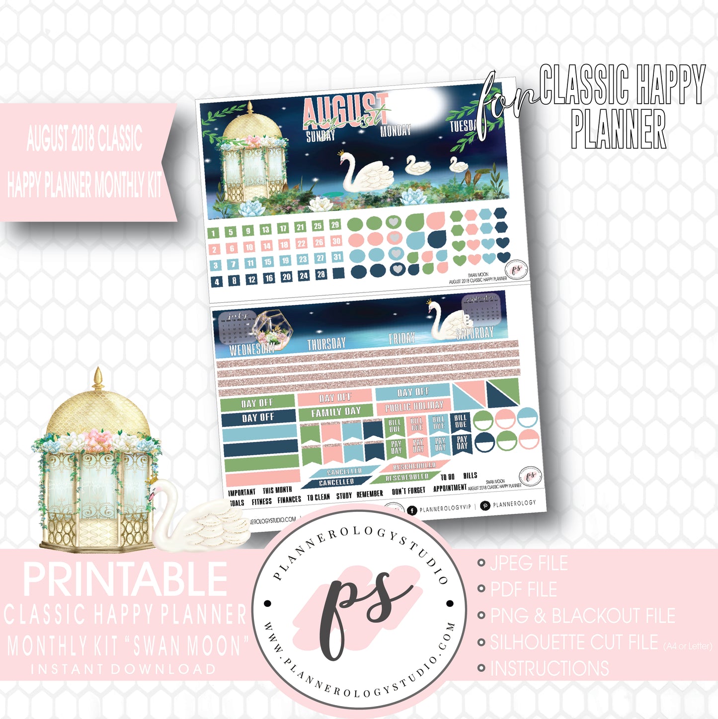 Swan Moon August 2018 Monthly View Kit Digital Printable Planner Stickers (for use with Classic Happy Planner) - Plannerologystudio