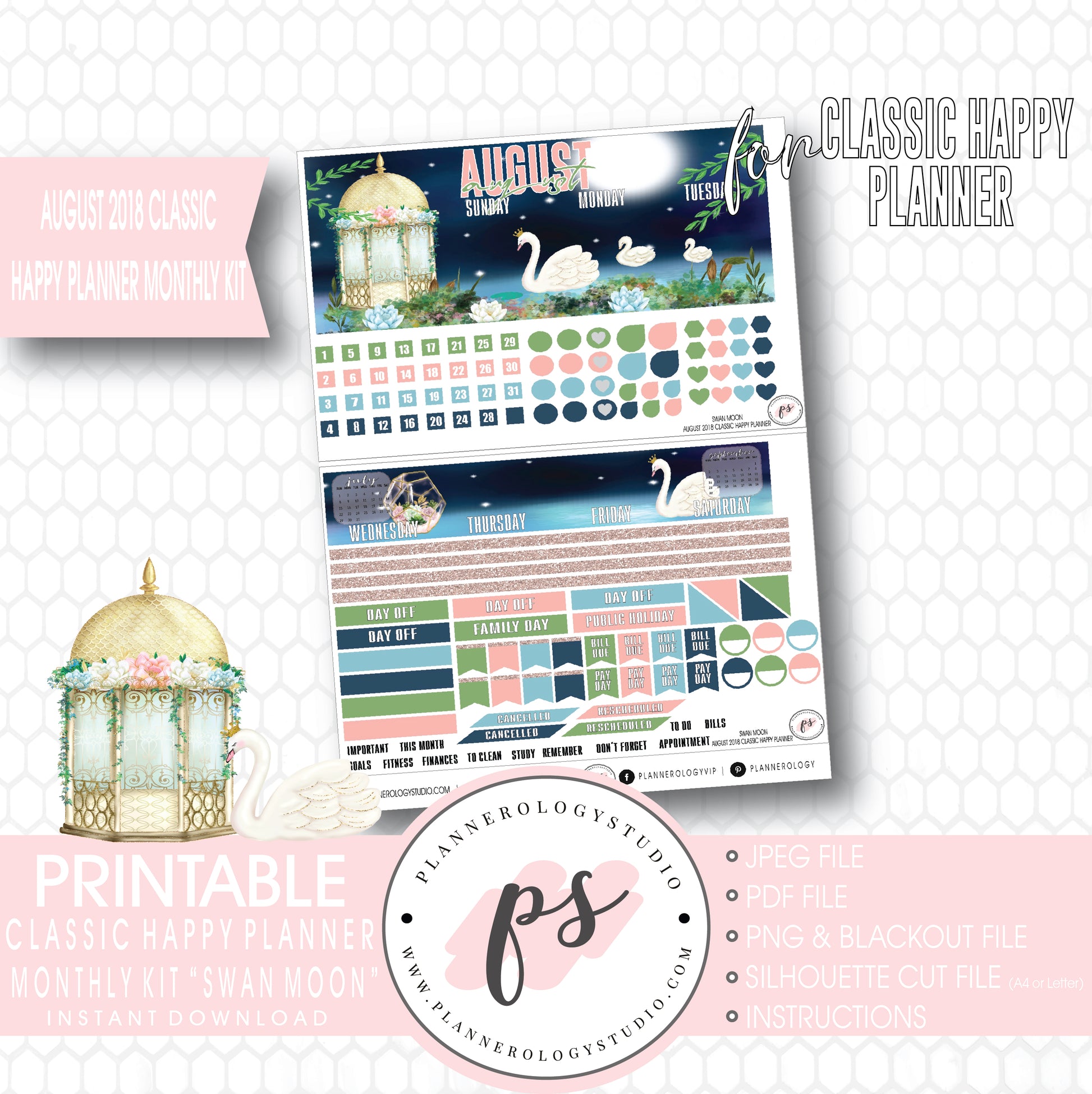 Swan Moon August 2018 Monthly View Kit Digital Printable Planner Stickers (for use with Classic Happy Planner) - Plannerologystudio