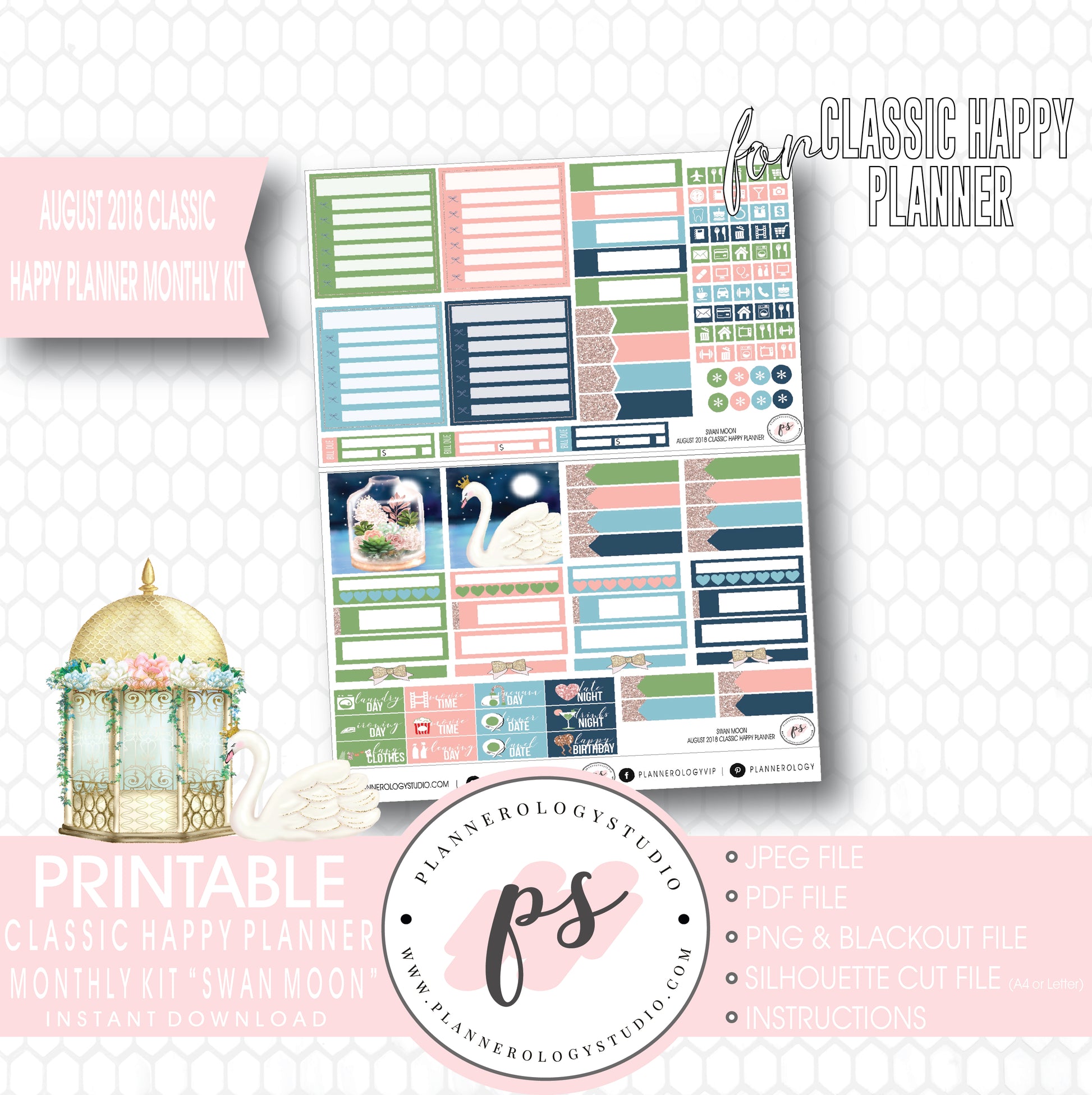 Swan Moon August 2018 Monthly View Kit Digital Printable Planner Stickers (for use with Classic Happy Planner) - Plannerologystudio