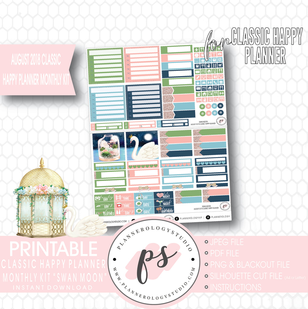Swan Moon August 2018 Monthly View Kit Digital Printable Planner Stickers (for use with Classic Happy Planner) - Plannerologystudio