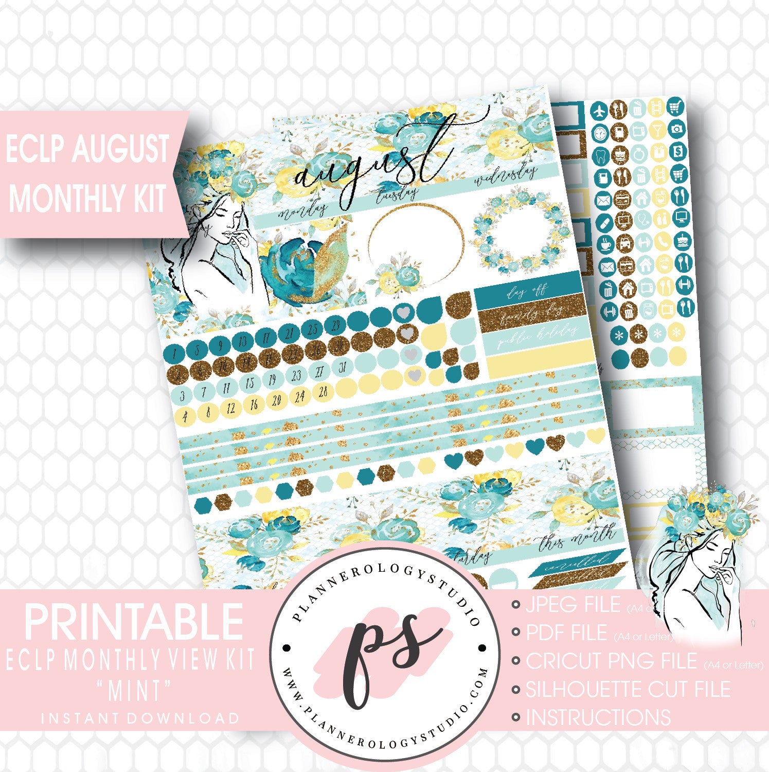 "Mint" August 2017 Monthly View Kit Printable Planner Stickers (for use with ECLP) - Plannerologystudio
