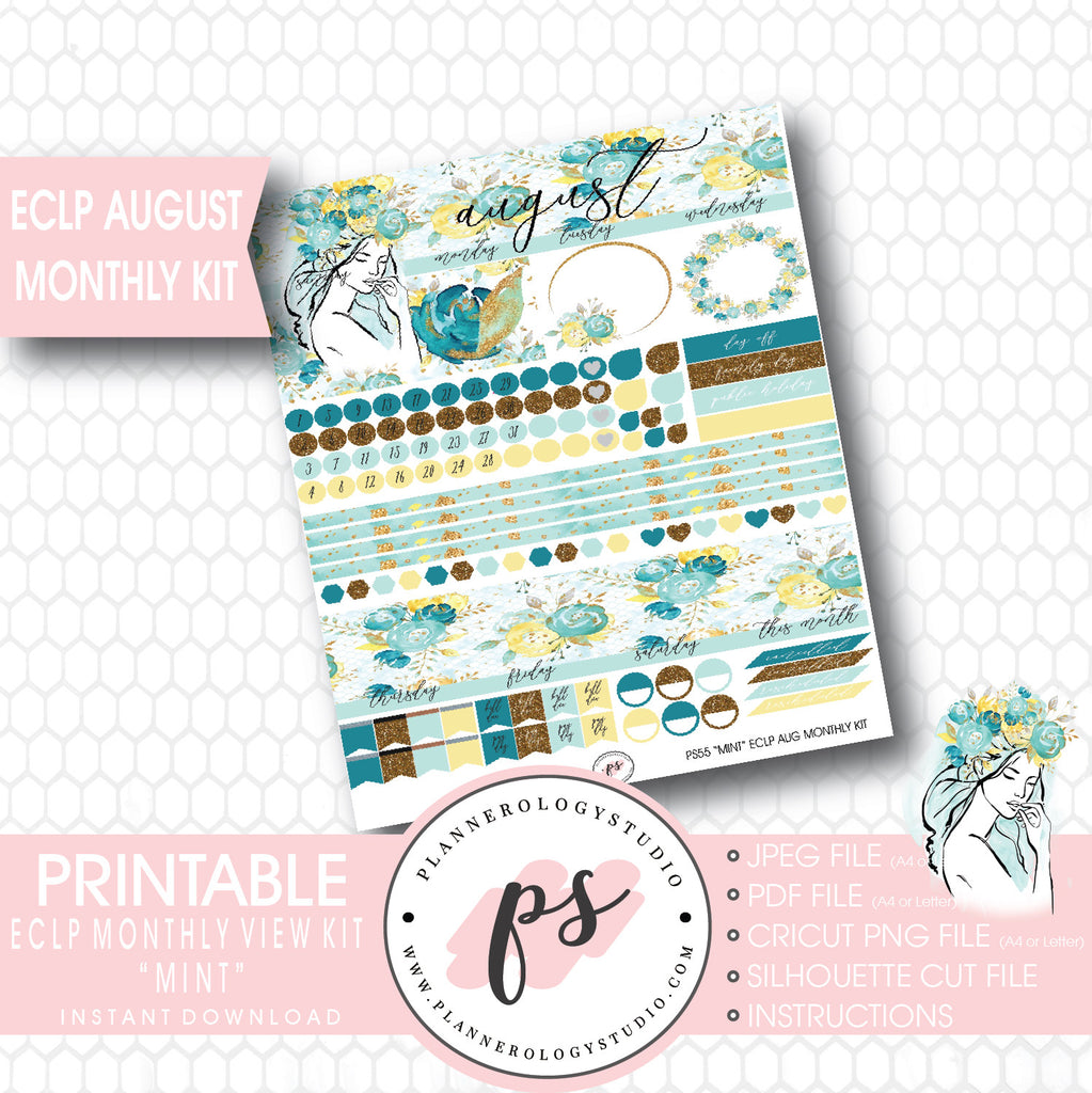 "Mint" August 2017 Monthly View Kit Printable Planner Stickers (for use with ECLP) - Plannerologystudio