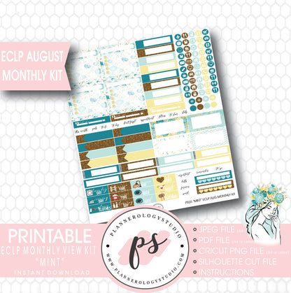 "Mint" August 2017 Monthly View Kit Printable Planner Stickers (for use with ECLP) - Plannerologystudio