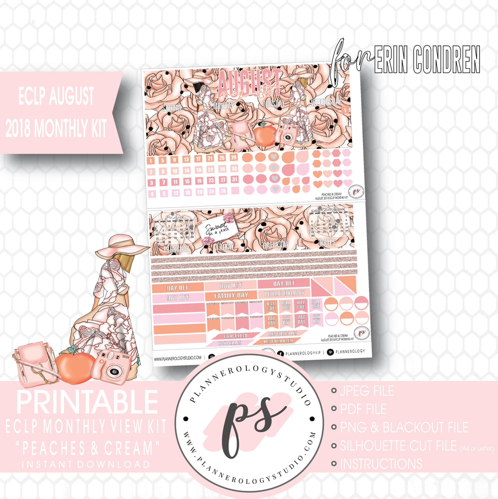 Peaches & Cream August 2018 Monthly View Kit Digital Printable Planner Stickers (for use with Erin Condren) - Plannerologystudio