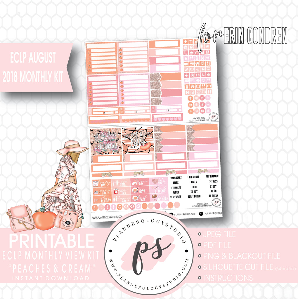 Peaches & Cream August 2018 Monthly View Kit Digital Printable Planner Stickers (for use with Erin Condren) - Plannerologystudio