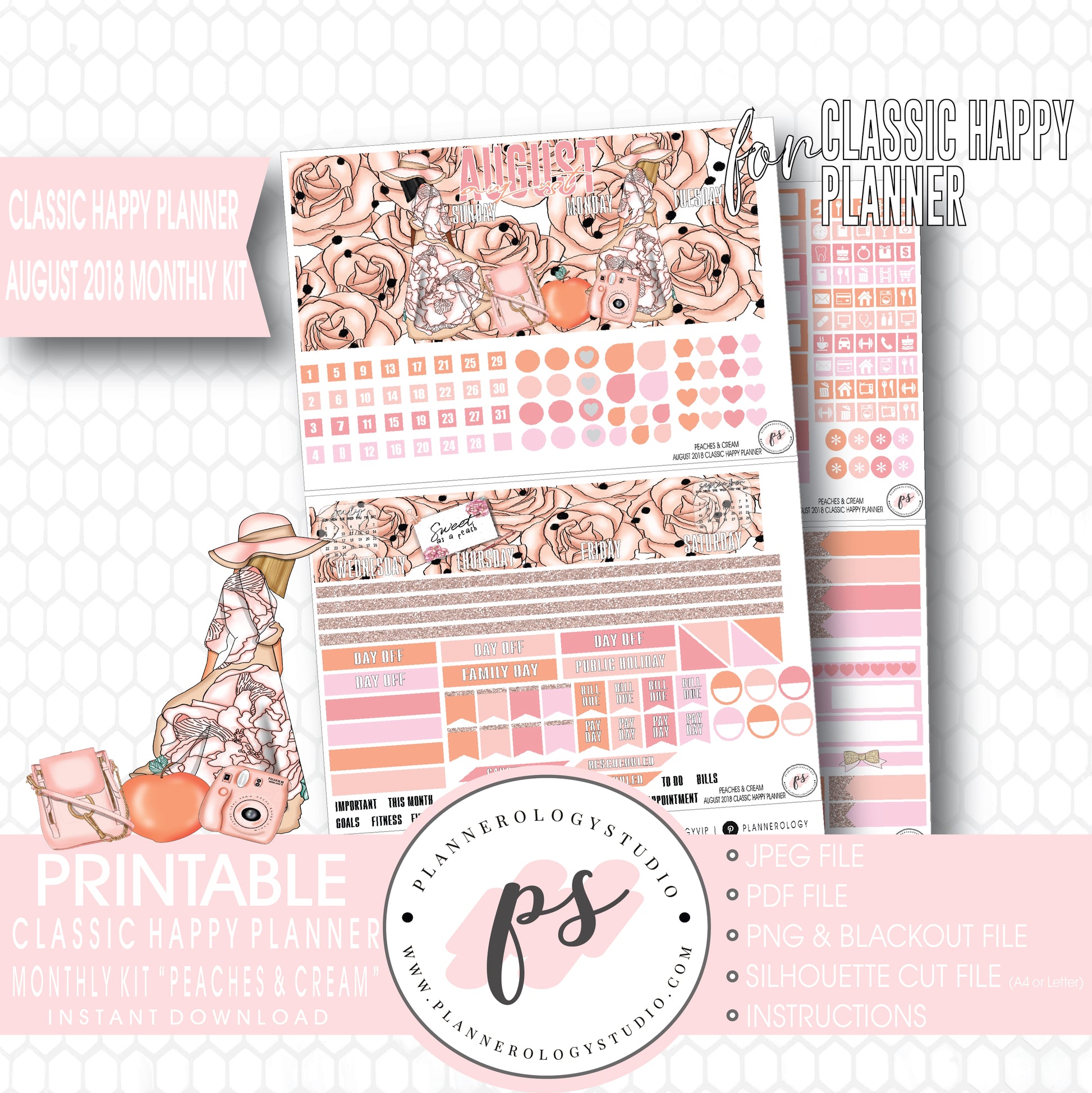 Peaches & Cream August 2018 Monthly View Kit Digital Printable Planner Stickers (for use with Classic Happy Planner) - Plannerologystudio