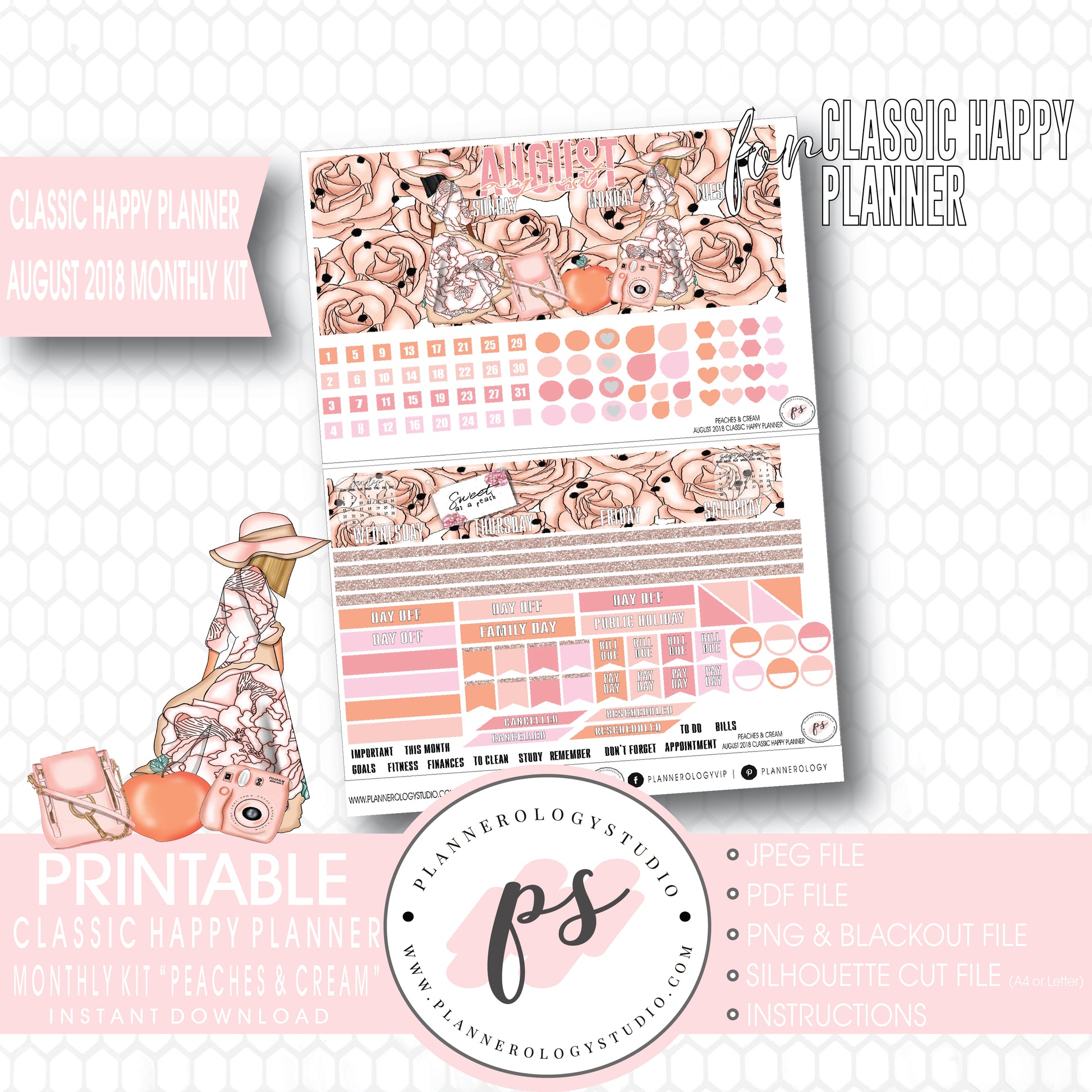 Peaches & Cream August 2018 Monthly View Kit Digital Printable Planner Stickers (for use with Classic Happy Planner) - Plannerologystudio