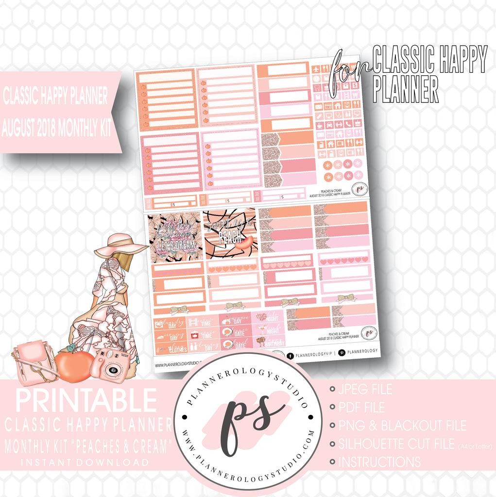Peaches & Cream August 2018 Monthly View Kit Digital Printable Planner Stickers (for use with Classic Happy Planner) - Plannerologystudio