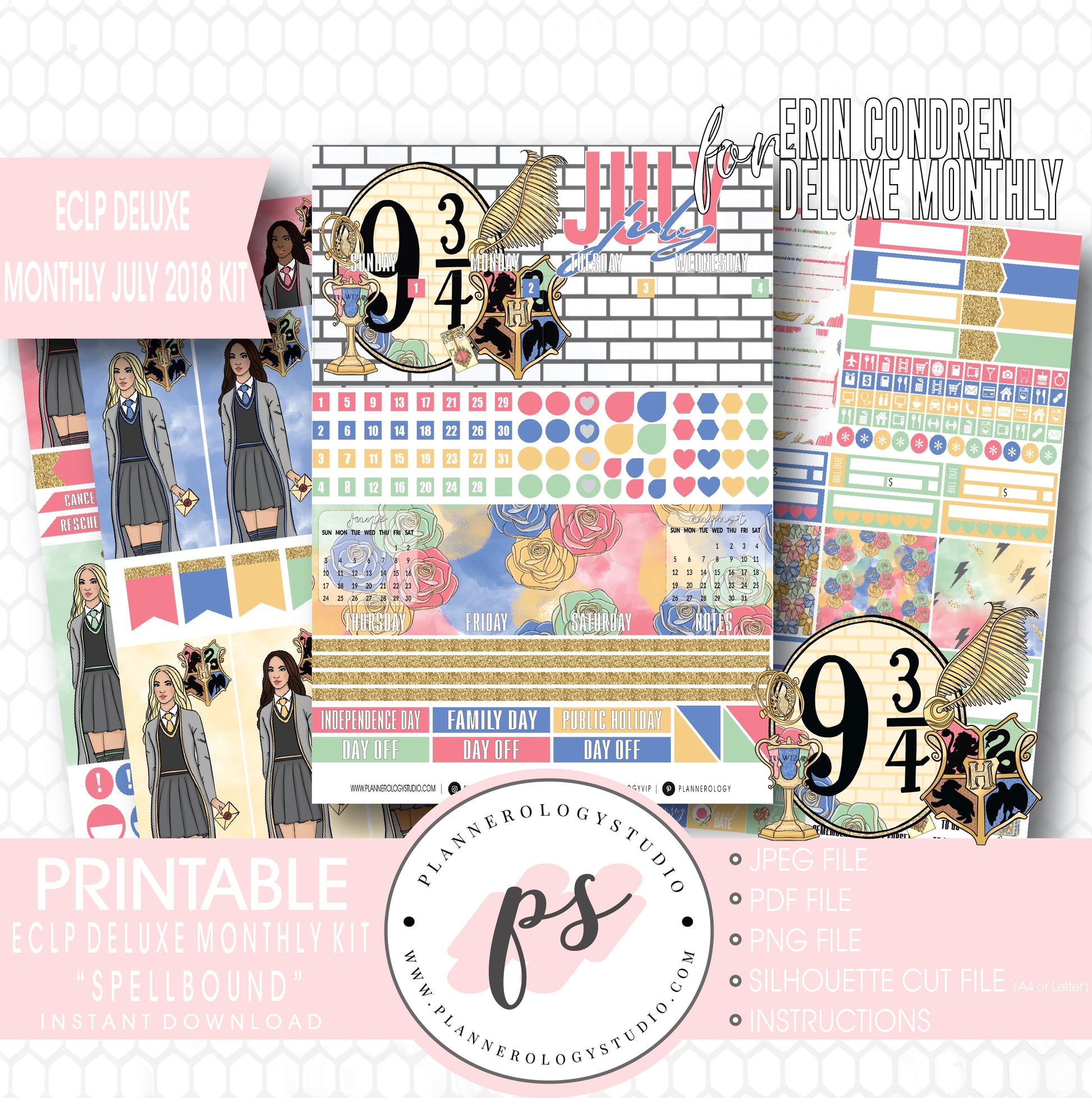 Spellbound (Harry Potter) July 2018 Monthly View Kit Digital Printable Planner Stickers (for use with Erin Condren Deluxe Monthly Planner) - Plannerologystudio