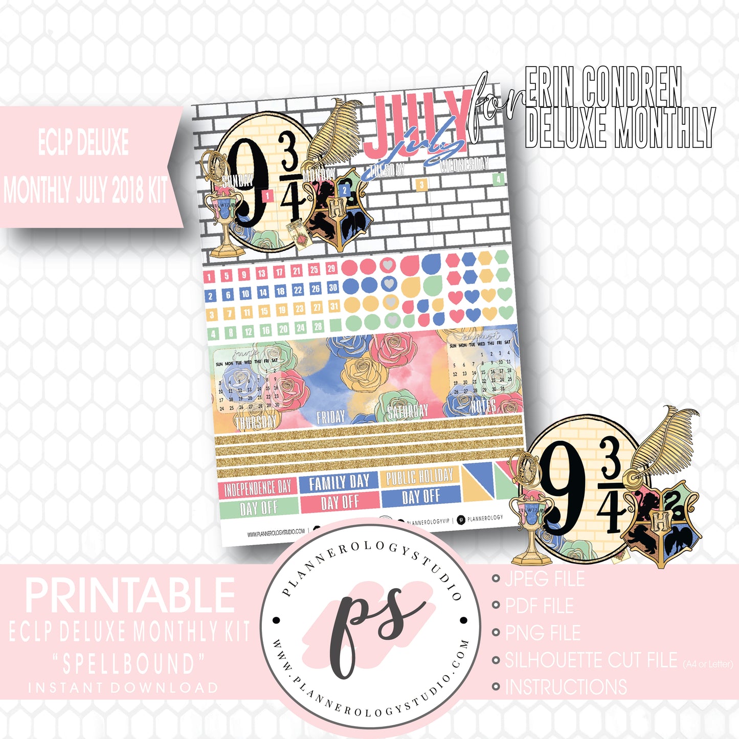 Spellbound (Harry Potter) July 2018 Monthly View Kit Digital Printable Planner Stickers (for use with Erin Condren Deluxe Monthly Planner) - Plannerologystudio