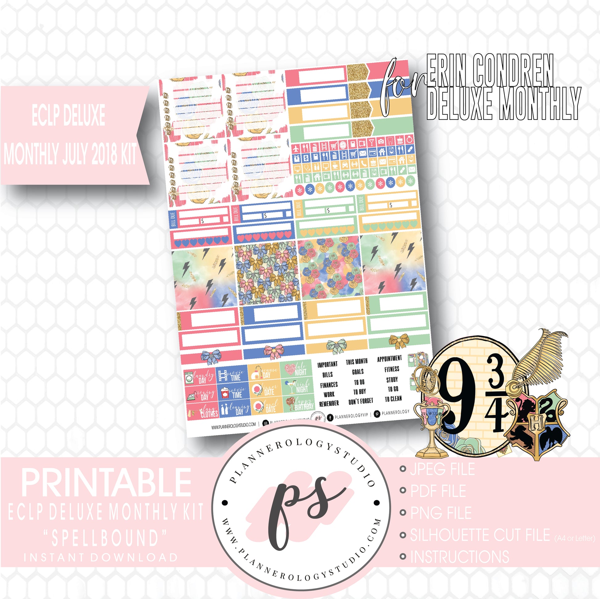 Spellbound (Harry Potter) July 2018 Monthly View Kit Digital Printable Planner Stickers (for use with Erin Condren Deluxe Monthly Planner) - Plannerologystudio