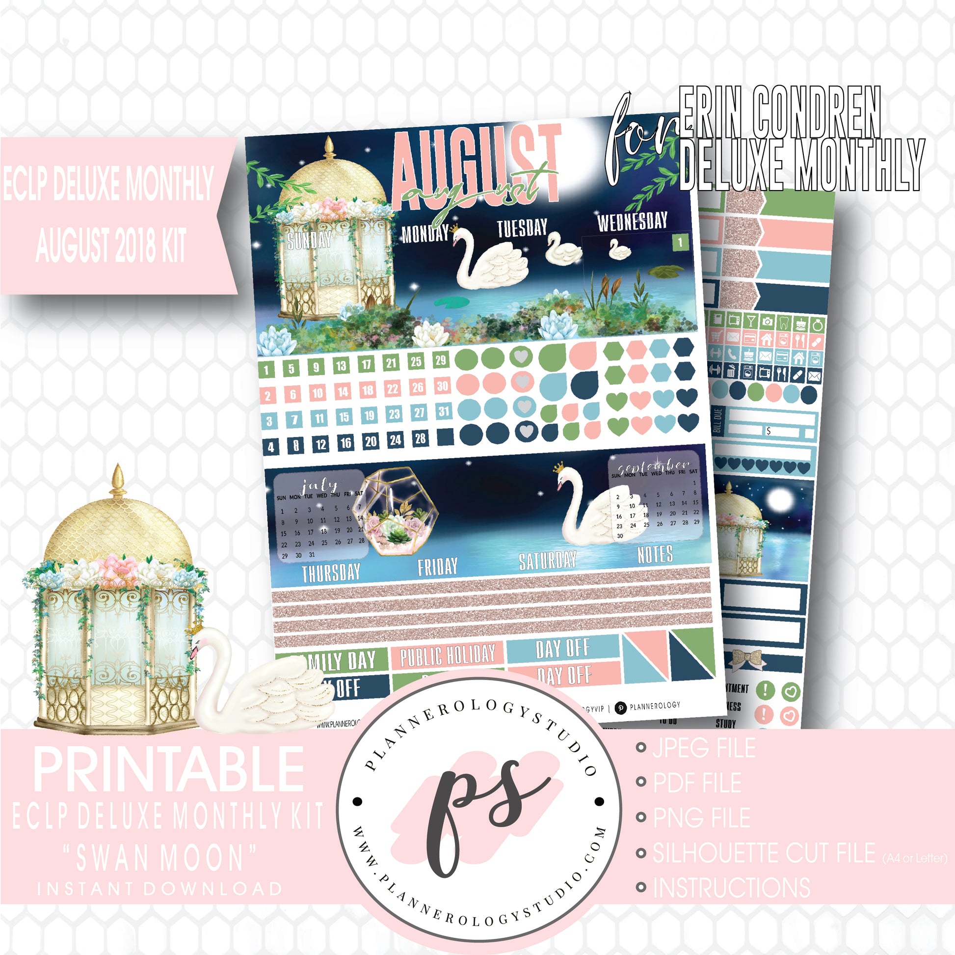 Swan Moon August 2018 Monthly View Kit Digital Printable Planner Stickers (for use with Erin Condren Deluxe Monthly Planner) - Plannerologystudio