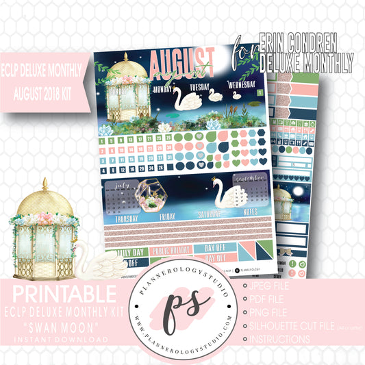 Swan Moon August 2018 Monthly View Kit Digital Printable Planner Stickers (for use with Erin Condren Deluxe Monthly Planner) - Plannerologystudio