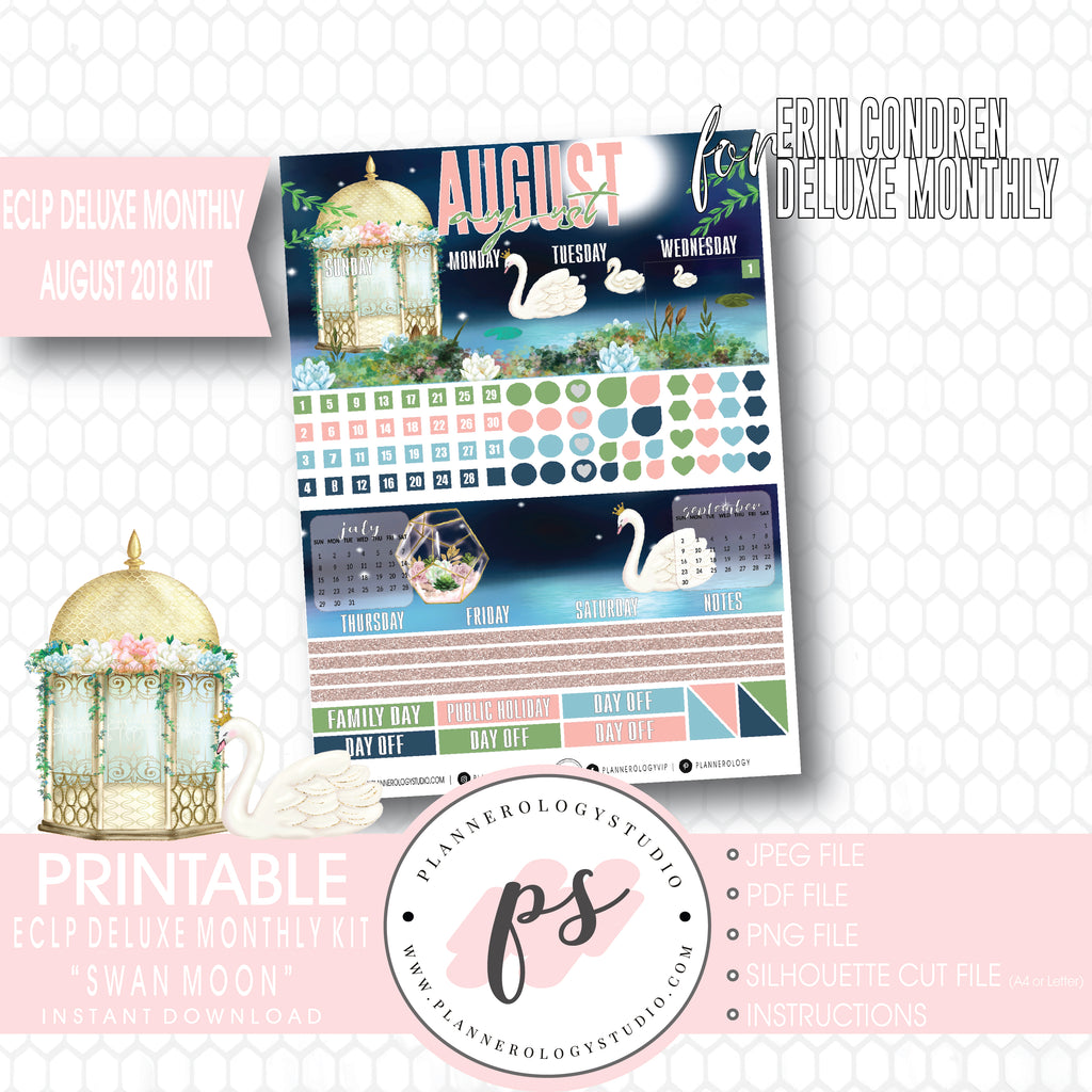 Swan Moon August 2018 Monthly View Kit Digital Printable Planner Stickers (for use with Erin Condren Deluxe Monthly Planner) - Plannerologystudio