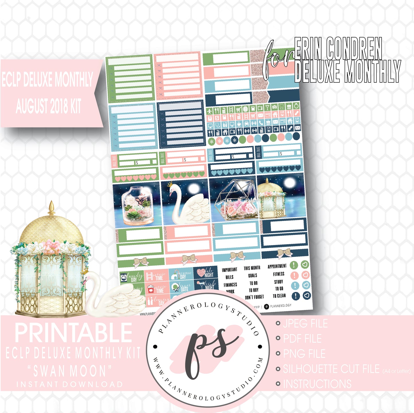 Swan Moon August 2018 Monthly View Kit Digital Printable Planner Stickers (for use with Erin Condren Deluxe Monthly Planner) - Plannerologystudio
