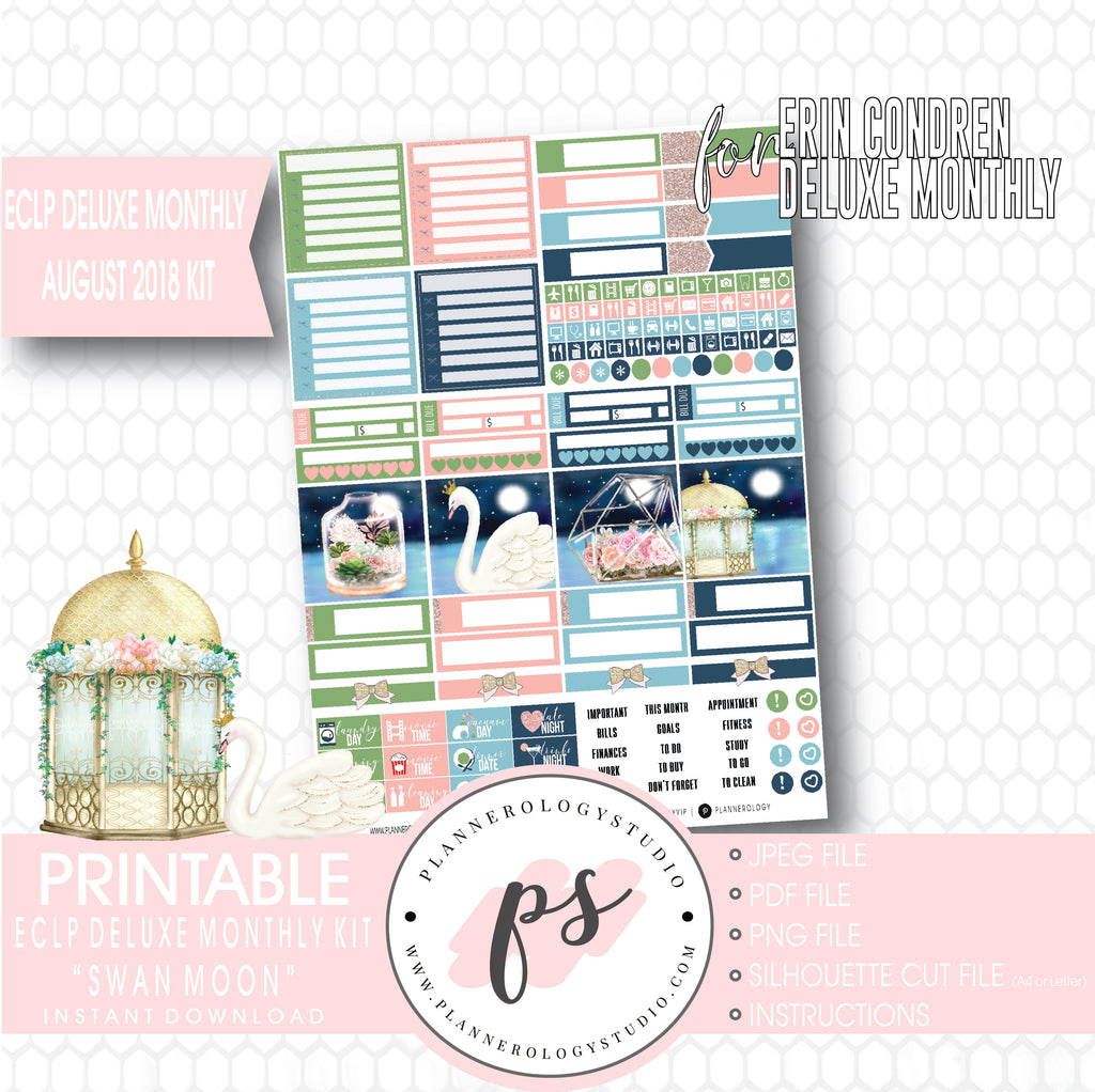 Swan Moon August 2018 Monthly View Kit Digital Printable Planner Stickers (for use with Erin Condren Deluxe Monthly Planner) - Plannerologystudio