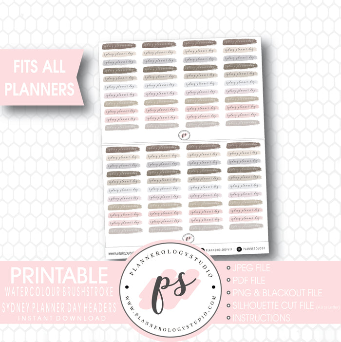 Sydney Planner Day Watercolour Brushstroke Headers Digital Printable Planner Stickers - Plannerologystudio