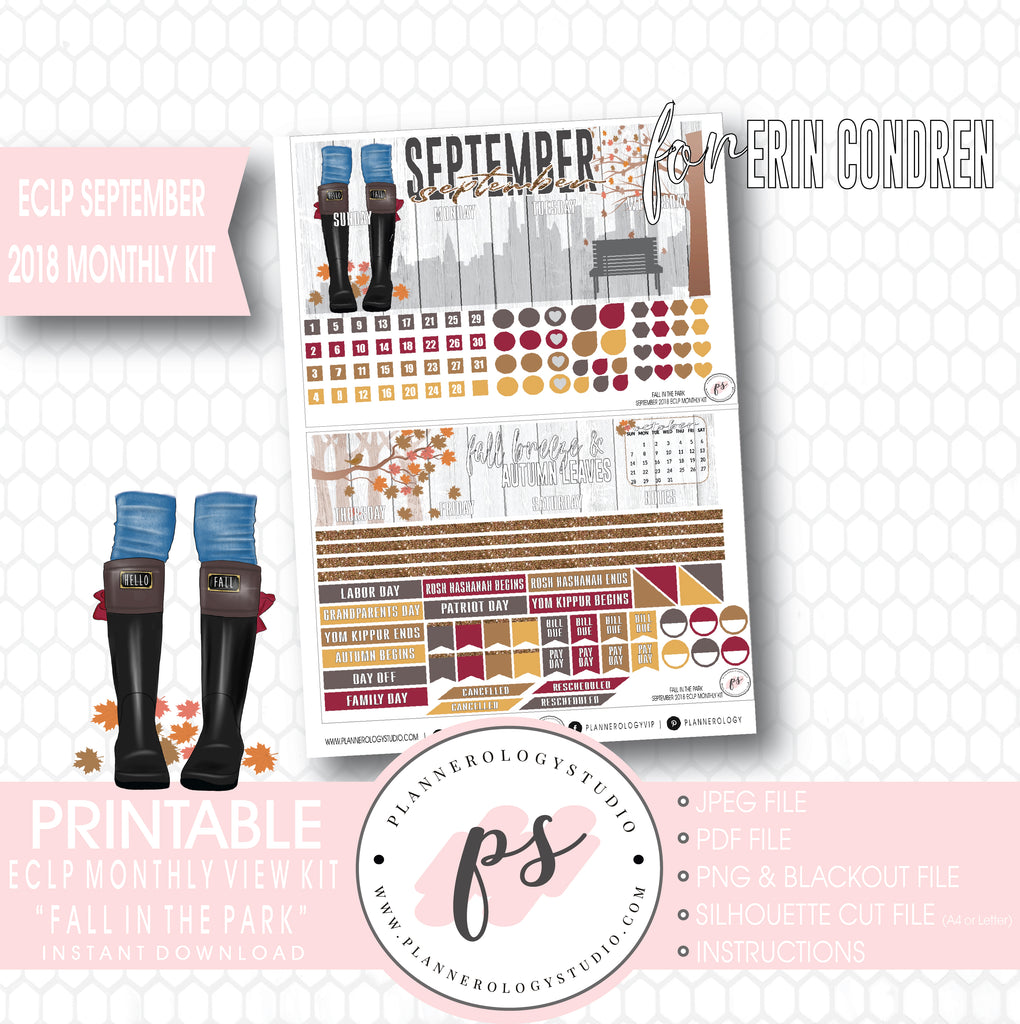 Fall in the Park September 2018 Monthly View Kit Digital Printable Planner Stickers (for use with Erin Condren) - Plannerologystudio