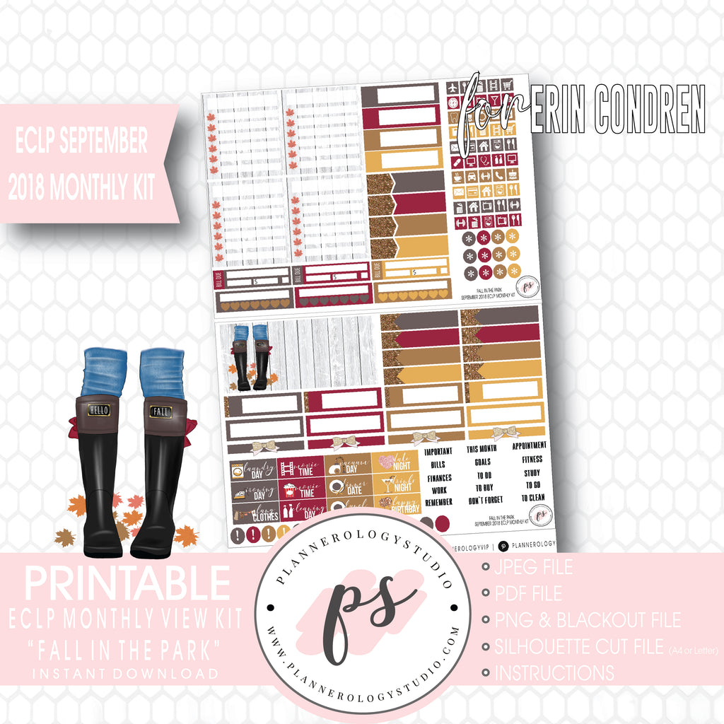 Fall in the Park September 2018 Monthly View Kit Digital Printable Planner Stickers (for use with Erin Condren) - Plannerologystudio
