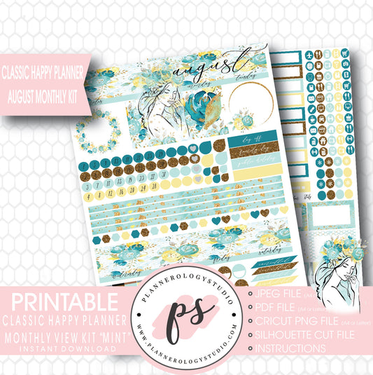 "Mint" August 2017 Monthly View Kit Printable Planner Stickers (for use with Mambi Classic Happy Planner) - Plannerologystudio