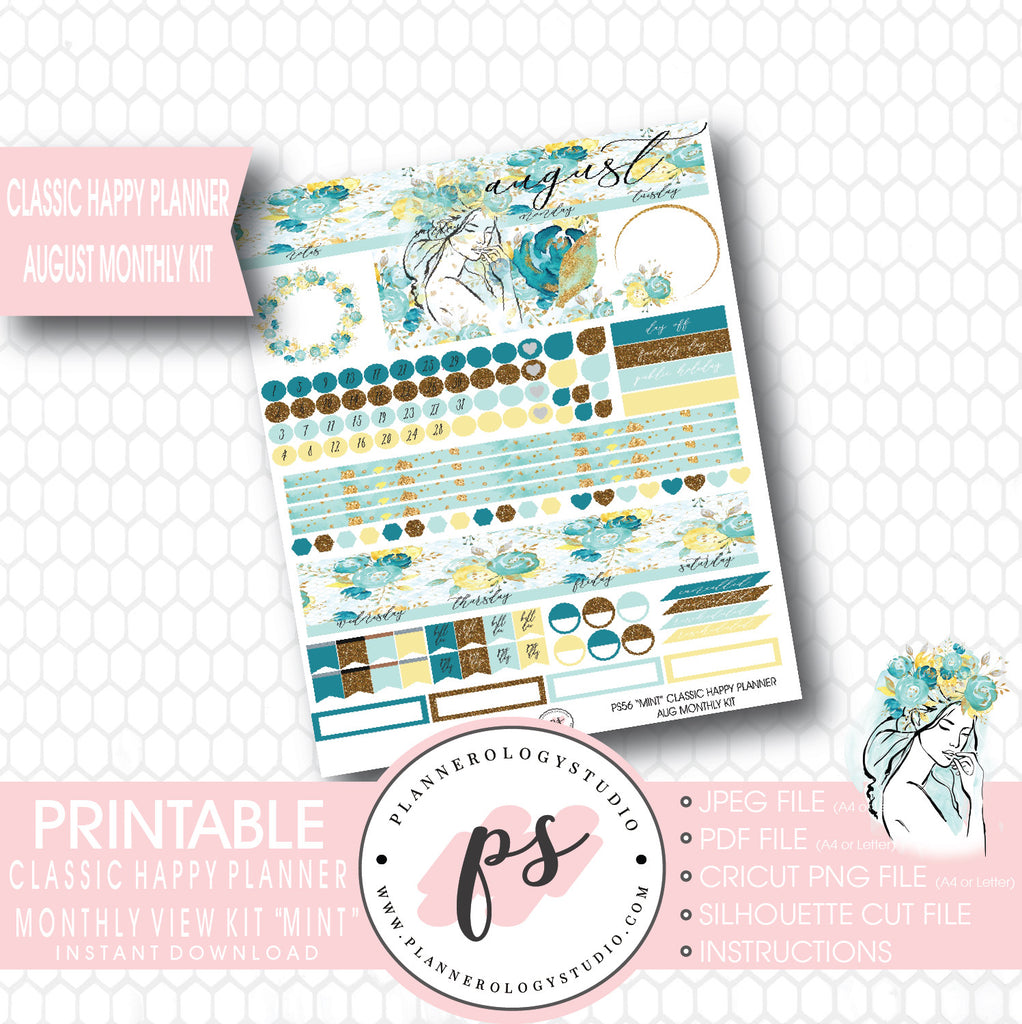 "Mint" August 2017 Monthly View Kit Printable Planner Stickers (for use with Mambi Classic Happy Planner) - Plannerologystudio