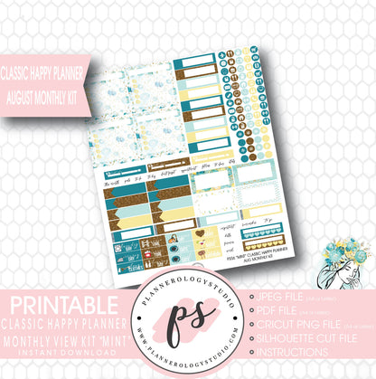 "Mint" August 2017 Monthly View Kit Printable Planner Stickers (for use with Mambi Classic Happy Planner) - Plannerologystudio