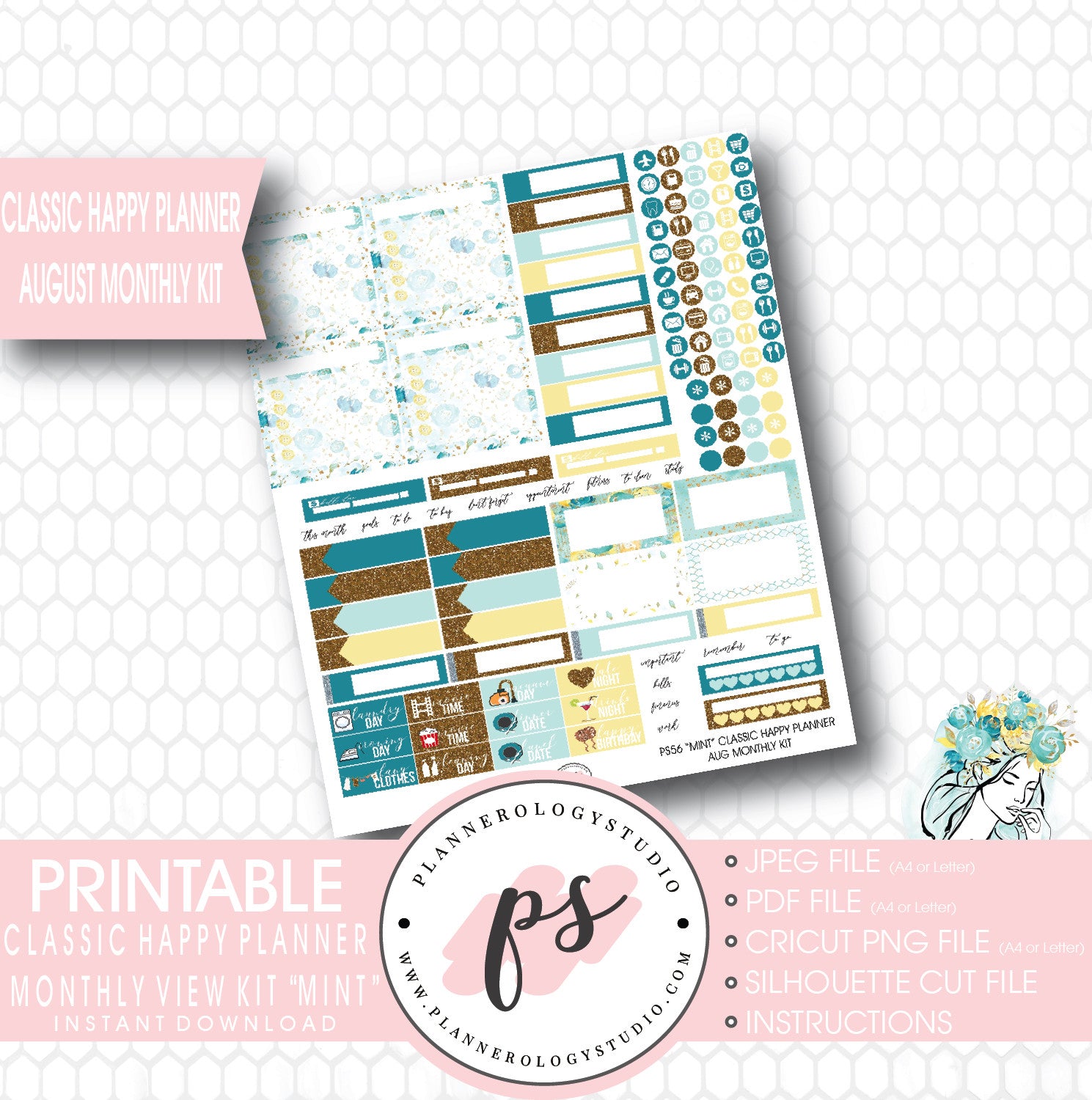 "Mint" August 2017 Monthly View Kit Printable Planner Stickers (for use with Mambi Classic Happy Planner) - Plannerologystudio