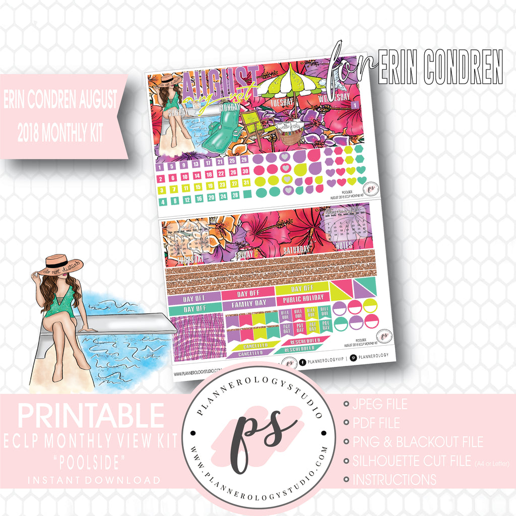 Poolside Summer August 2018 Monthly View Kit Digital Printable Planner Stickers (for use with Erin Condren) - Plannerologystudio
