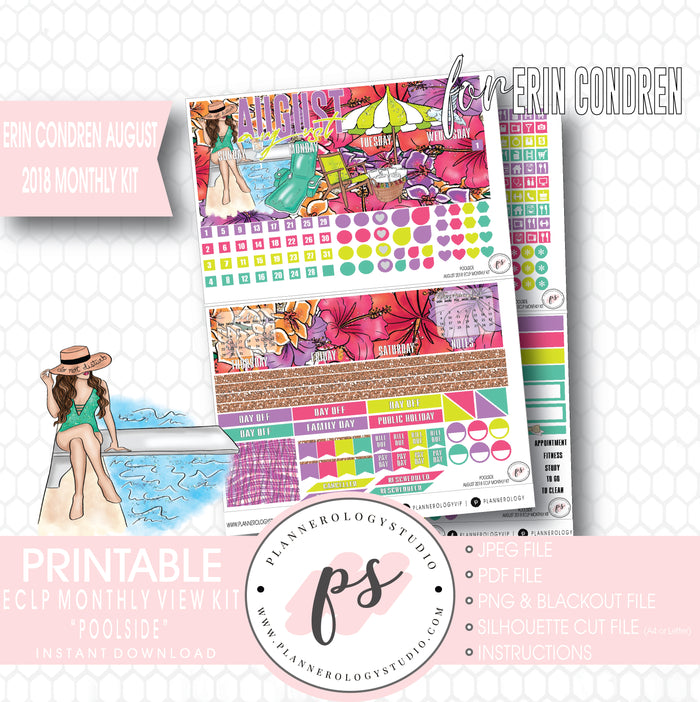 Poolside Summer August 2018 Monthly View Kit Digital Printable Planner Stickers (for use with Erin Condren) - Plannerologystudio