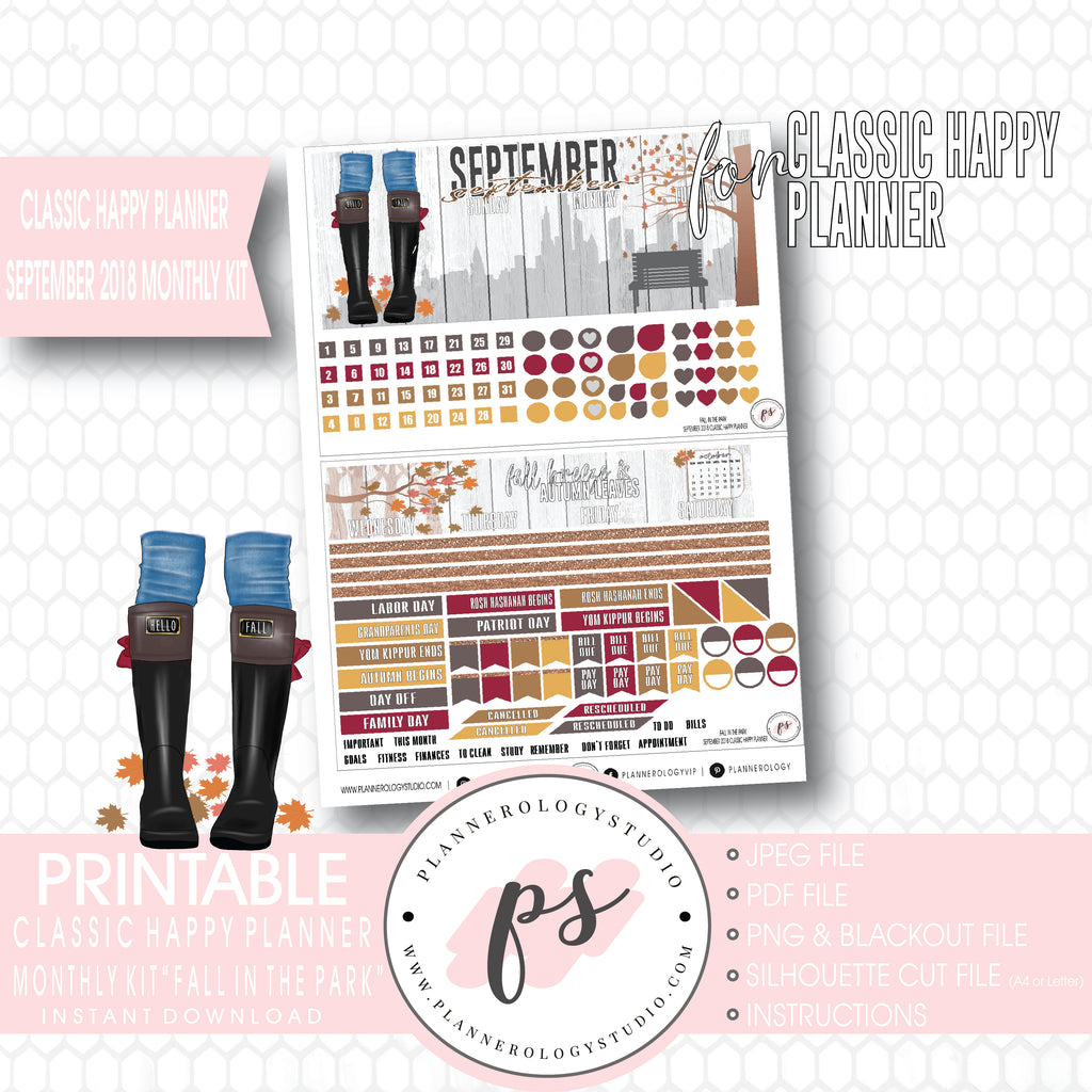 Fall in the Park September 2018 Monthly View Kit Digital Printable Planner Stickers (for use with Classic Happy Planner) - Plannerologystudio