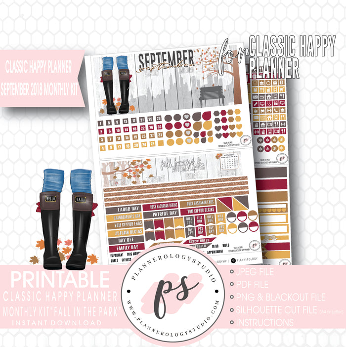 Fall in the Park September 2018 Monthly View Kit Digital Printable Planner Stickers (for use with Classic Happy Planner) - Plannerologystudio