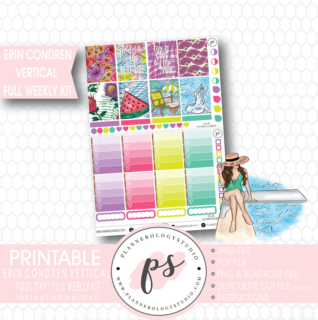Pool Day Full Weekly Kit Printable Planner Stickers (for use with Erin Condren Vertical) - Plannerologystudio