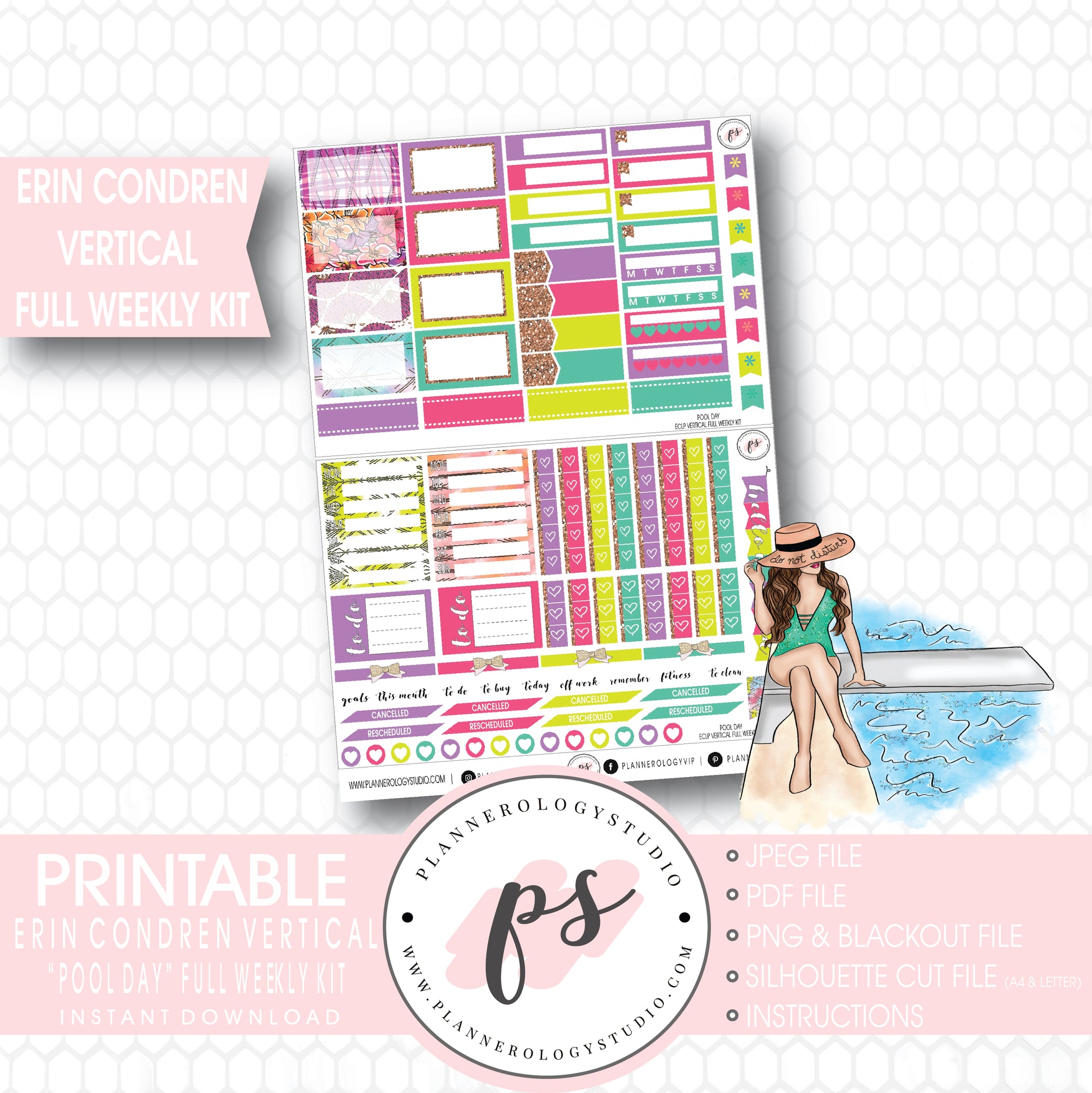Pool Day Full Weekly Kit Printable Planner Stickers (for use with Erin Condren Vertical) - Plannerologystudio